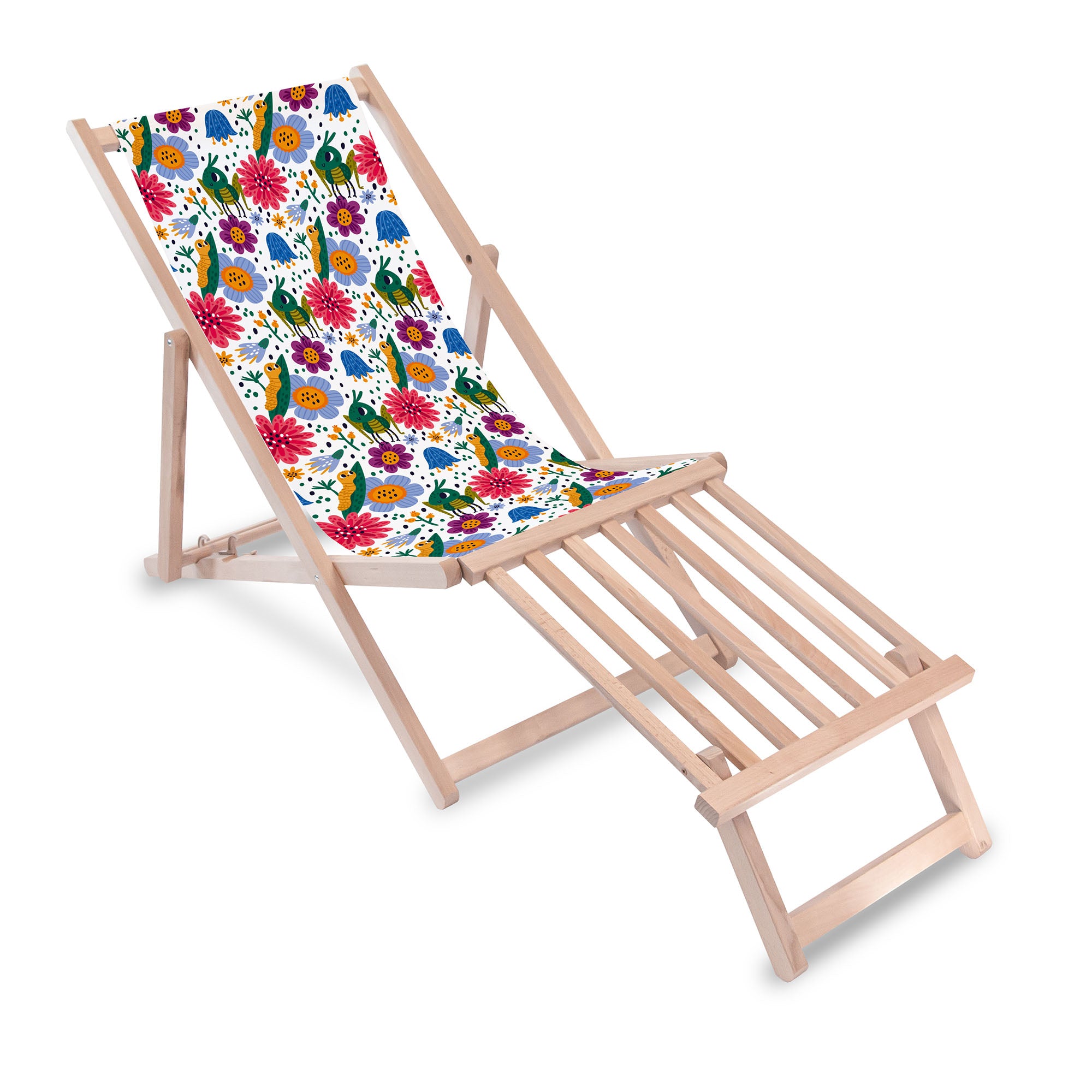 Wooden Deck Chair with Wooden Footrest Cute Bugs