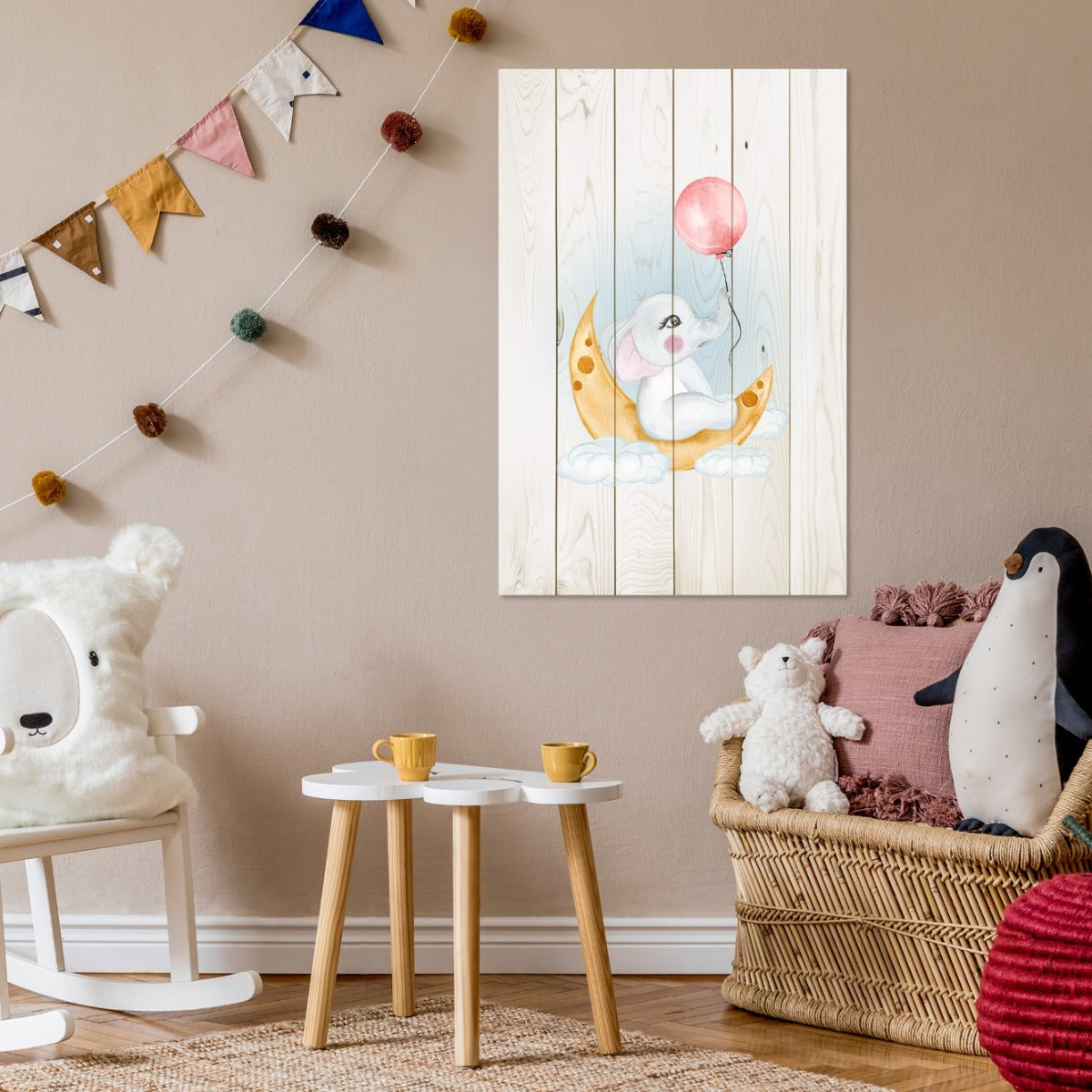 Obraz Wood Cute Elephant Sitting Moon-30x40 cm