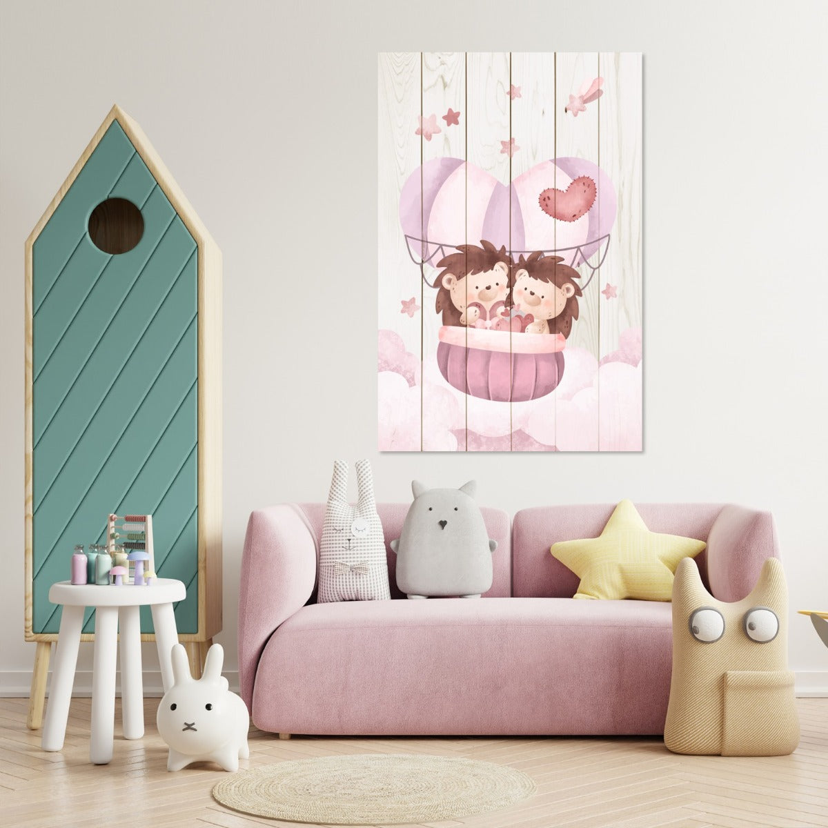 Wood Picture Cute Hedgehogs in the Clouds-30x40 cm