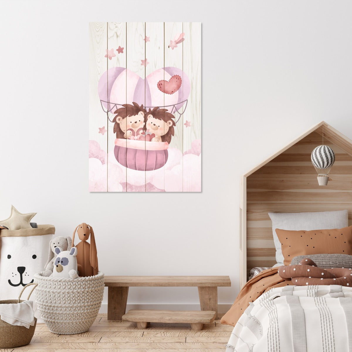 Wood Picture Cute Hedgehogs in the Clouds-30x30 cm