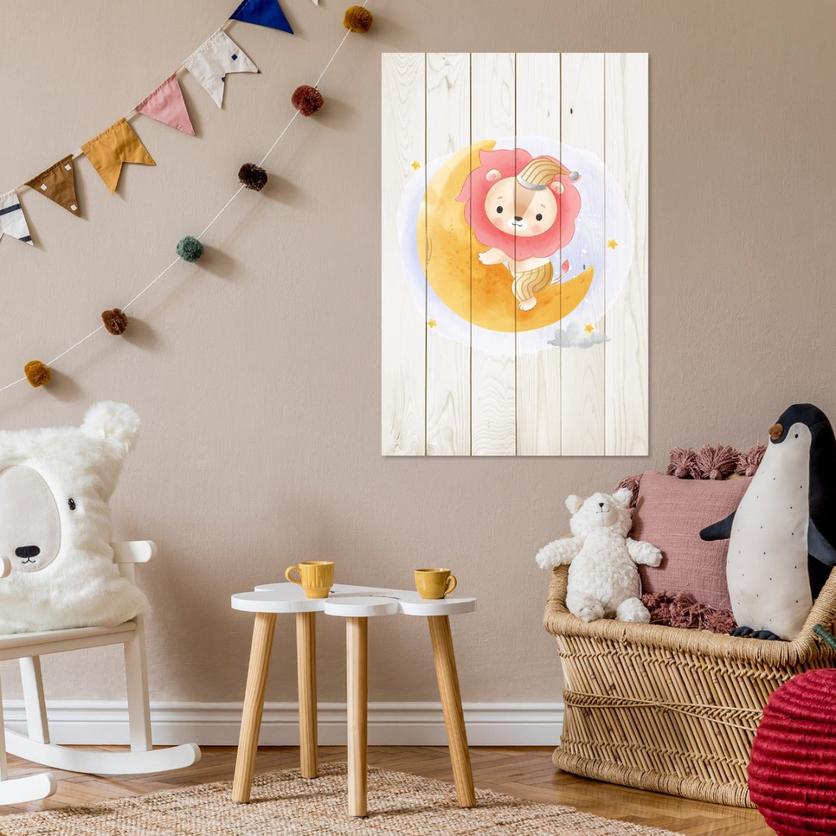 Wood Picture Cute Lion Sitting on the Moon