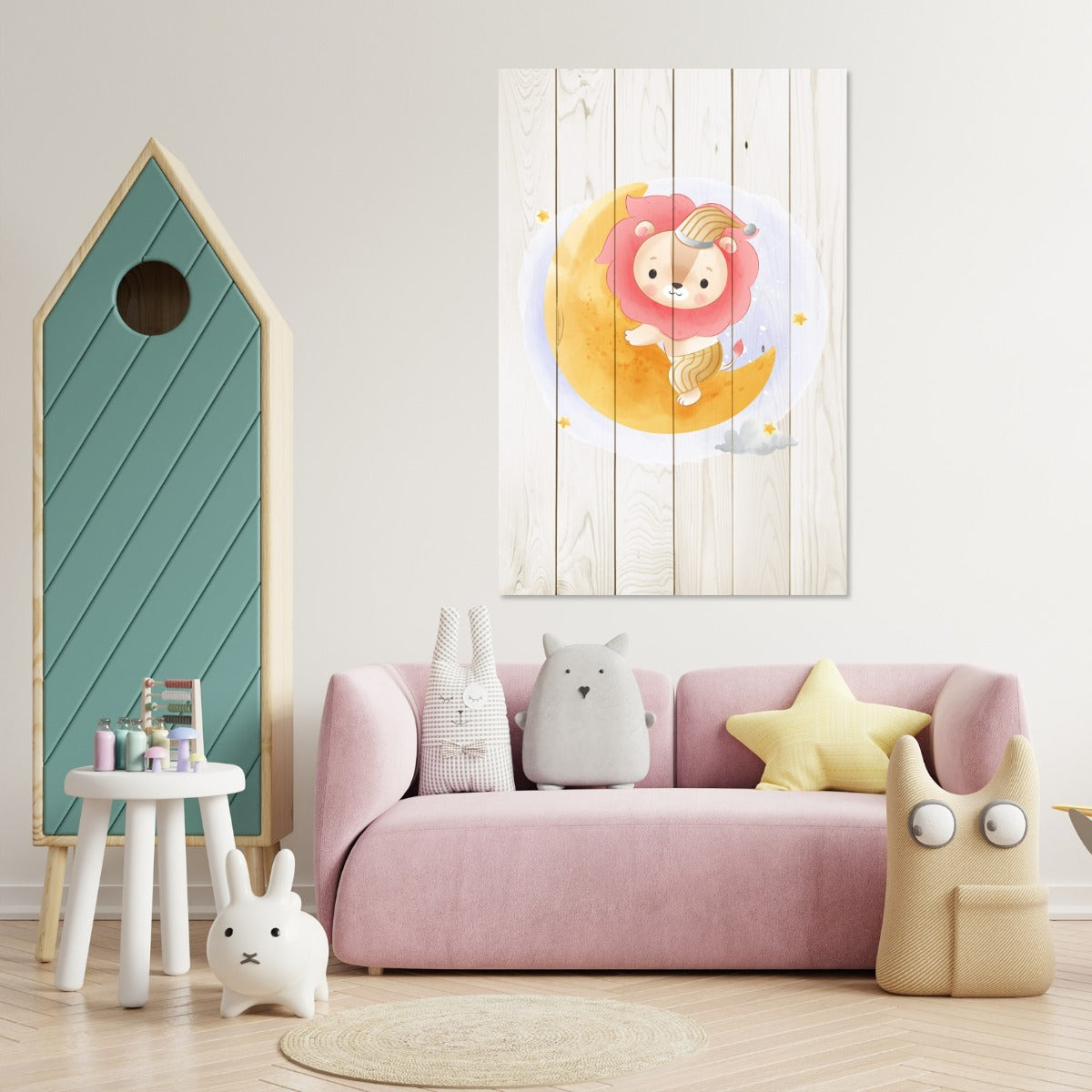 Obraz Wood Cute Lion Sitting Moon-30x40 cm