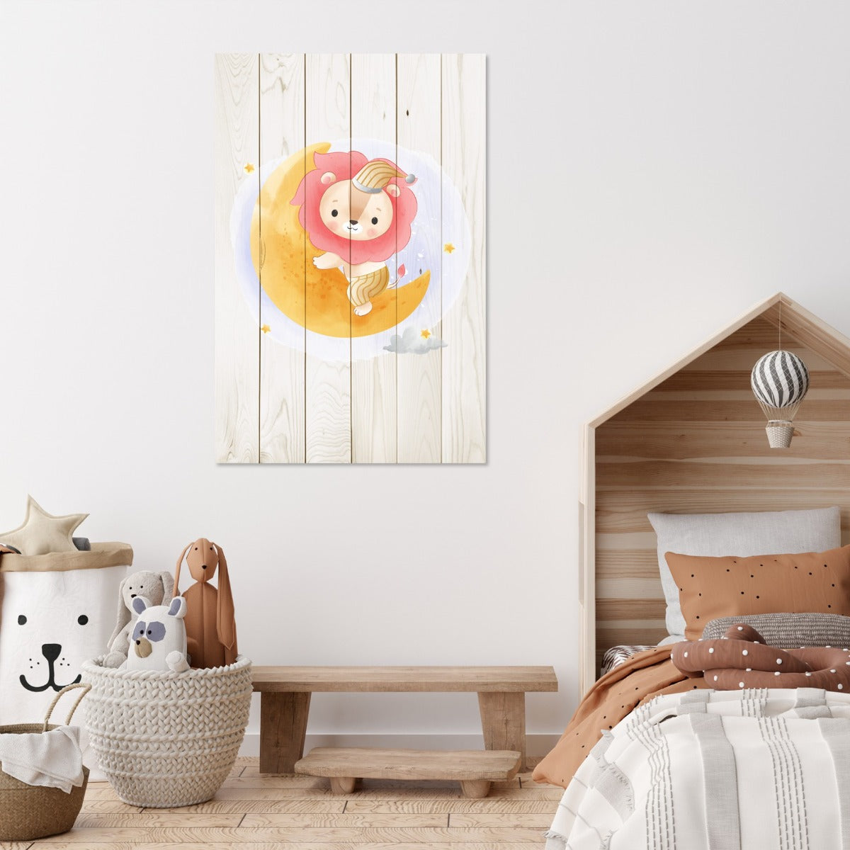 Obraz Wood Cute Lion Sitting Moon-60x90 cm