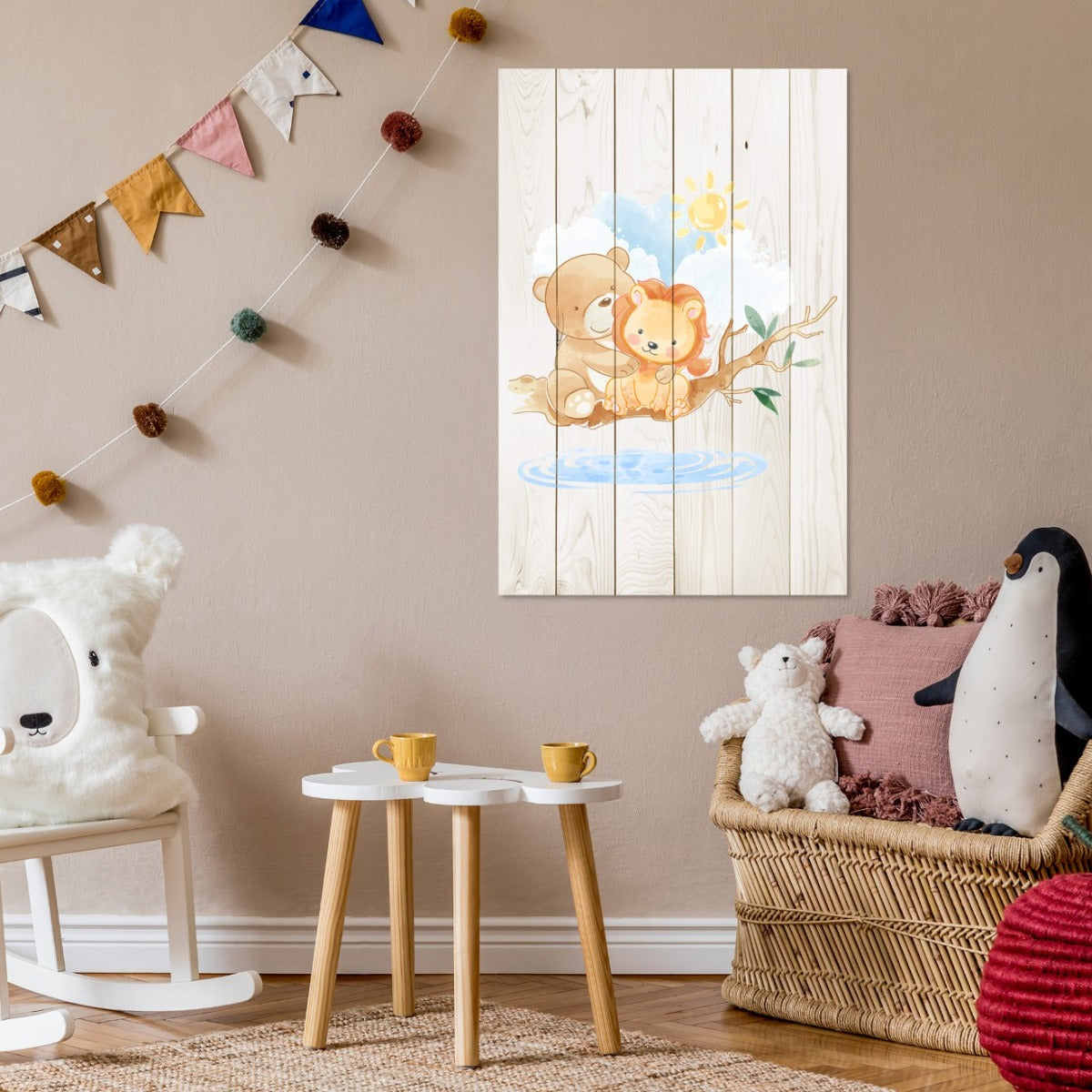 Wooden Picture Cute Little Lion and Bear-40x60 cm
