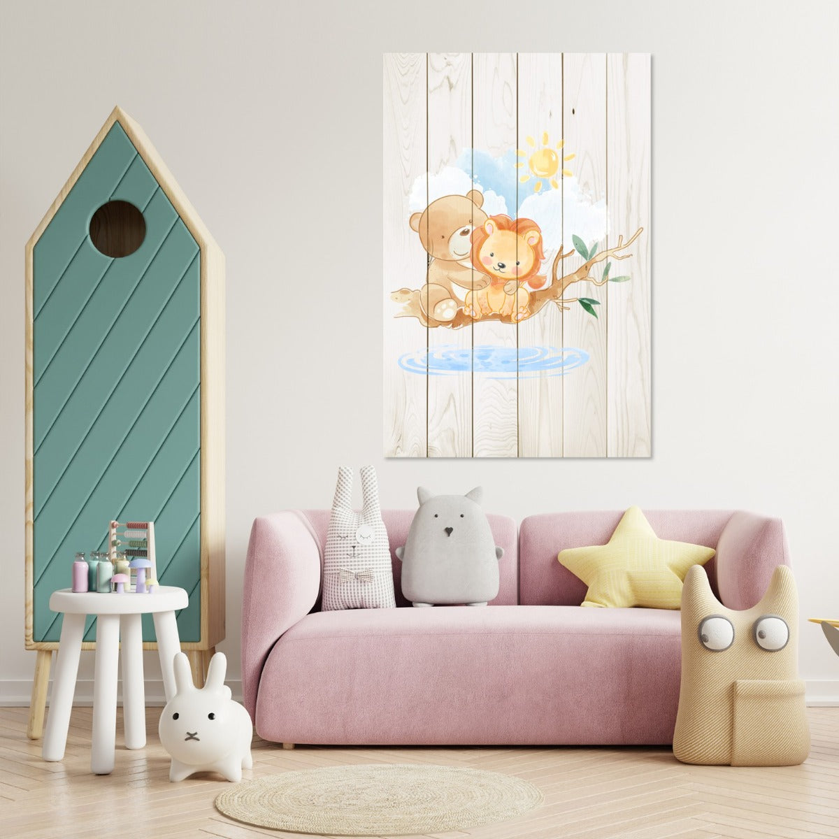 Obraz Wood Roztomilý malý lev a medvěd-60x90 cm