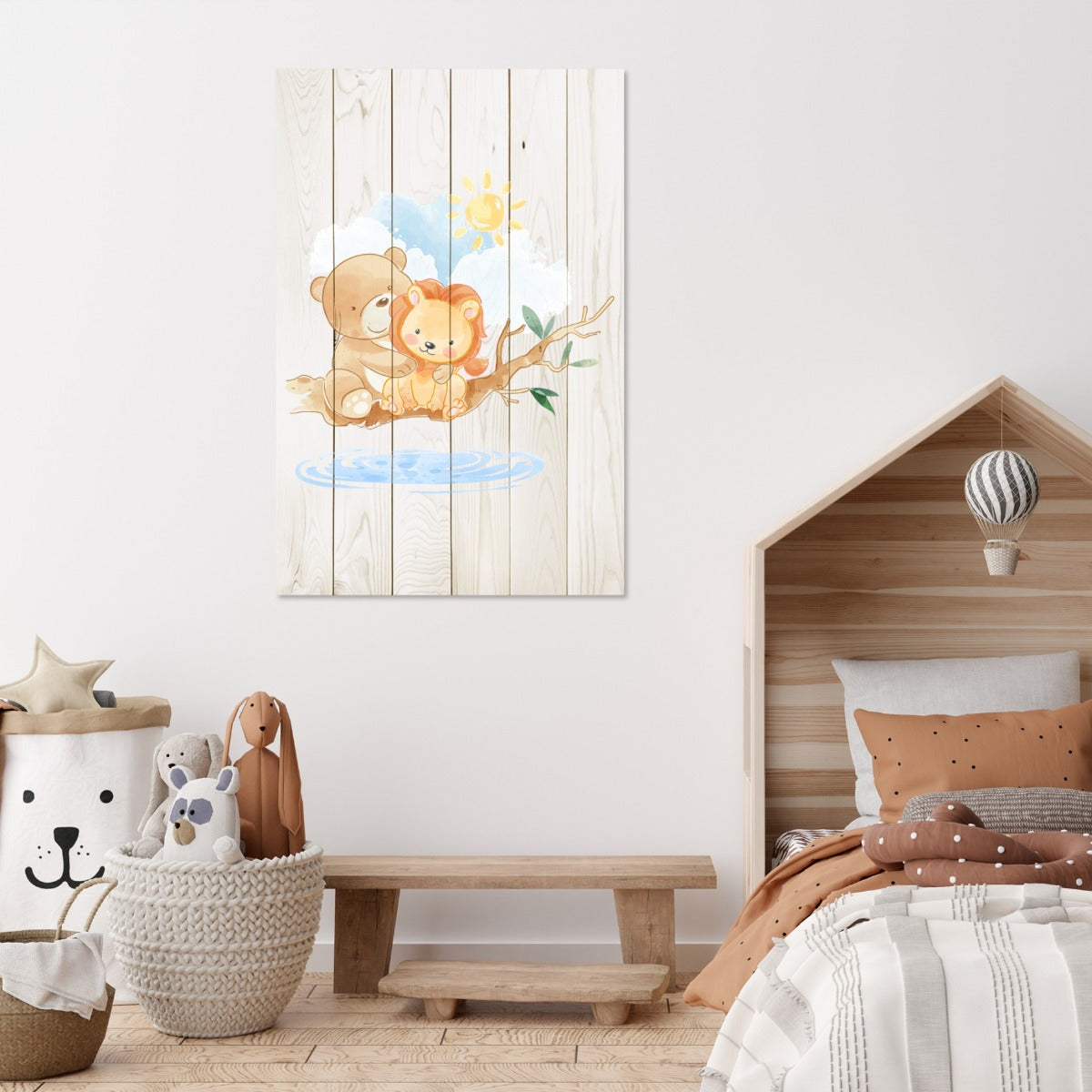 Obraz Wood Roztomilý malý lev a medvěd-30x40 cm