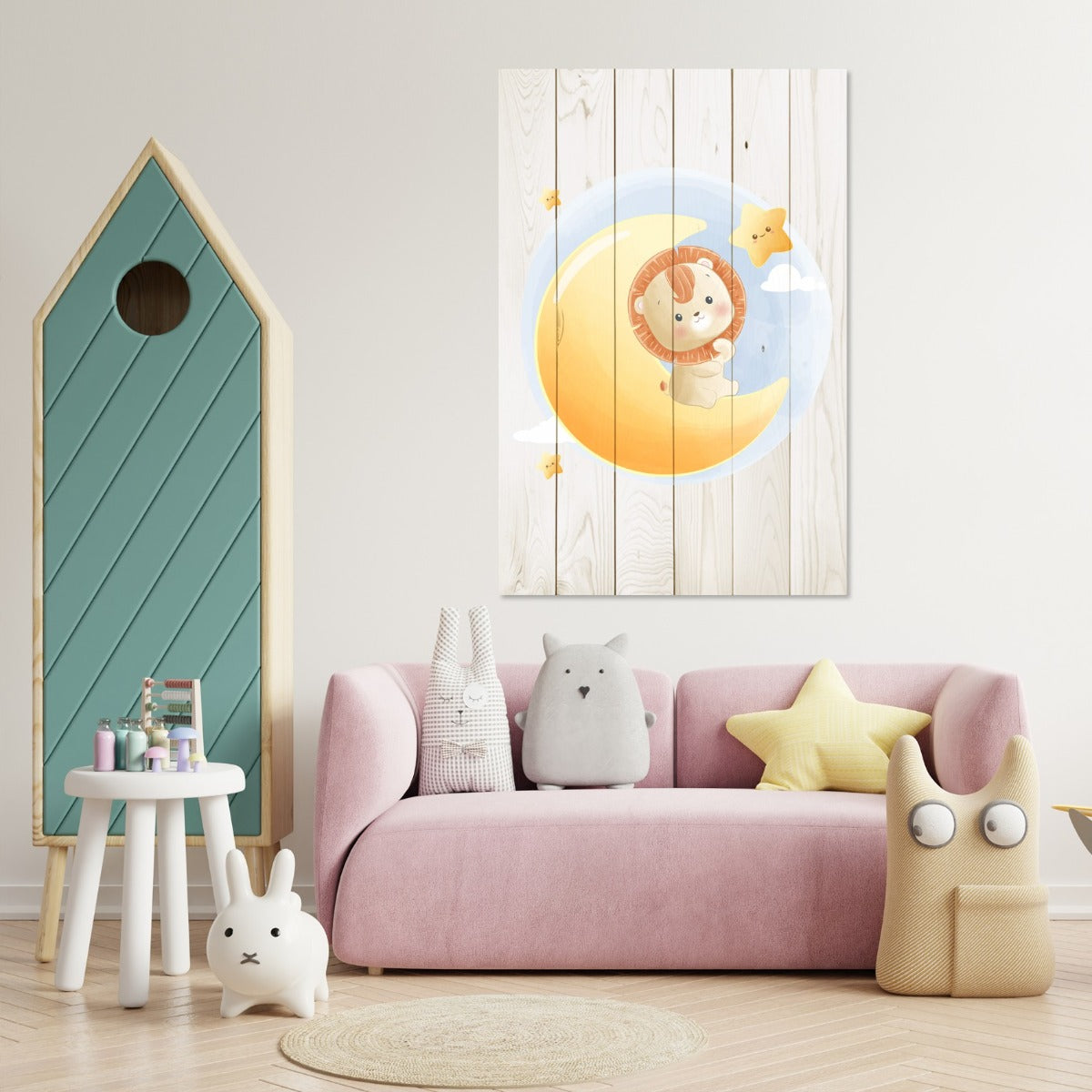 Obraz Wood Cute Little Lion Sitting on the Moon-50x70 cm