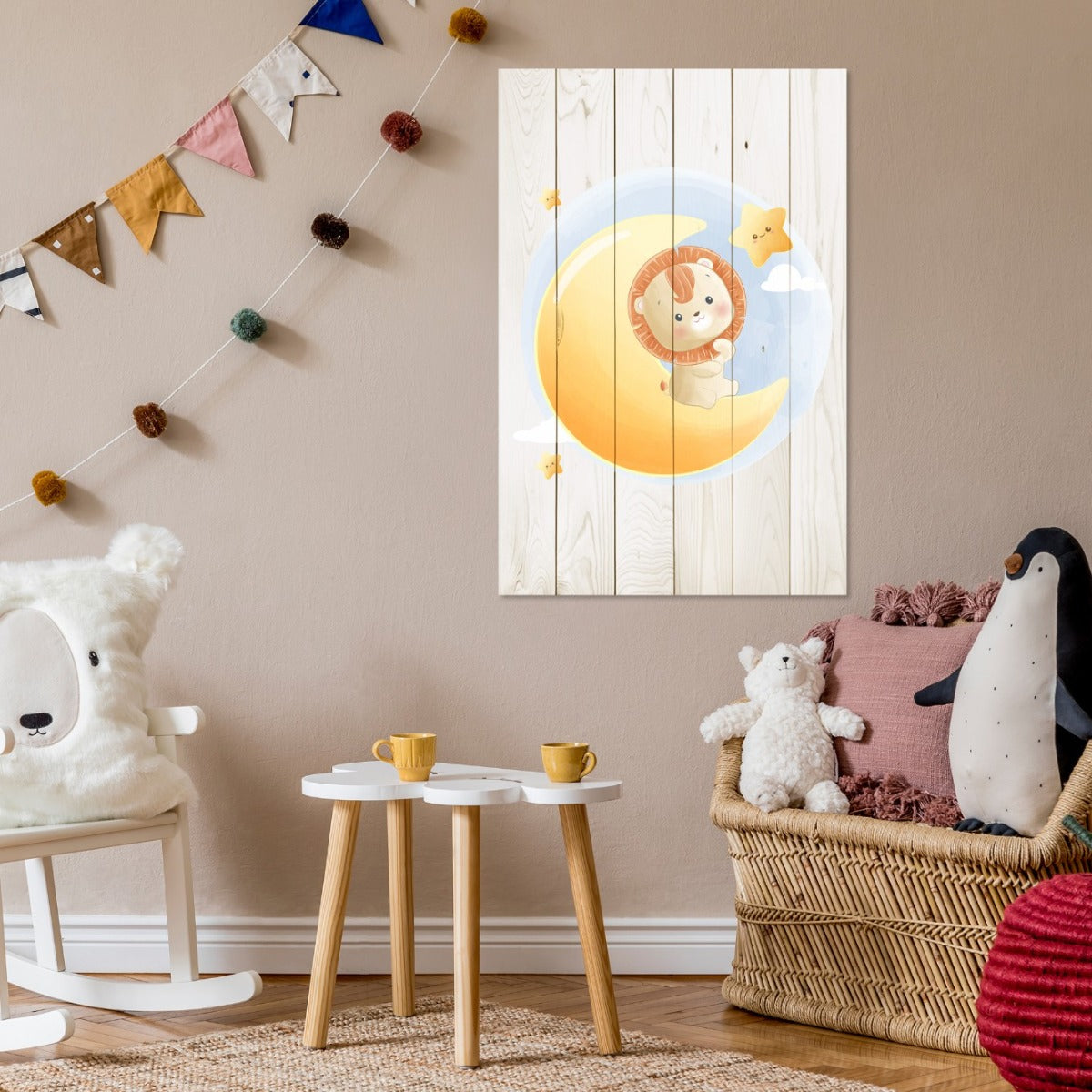 Obraz Wood Cute Little Lion Sitting on the Moon-40x60 cm