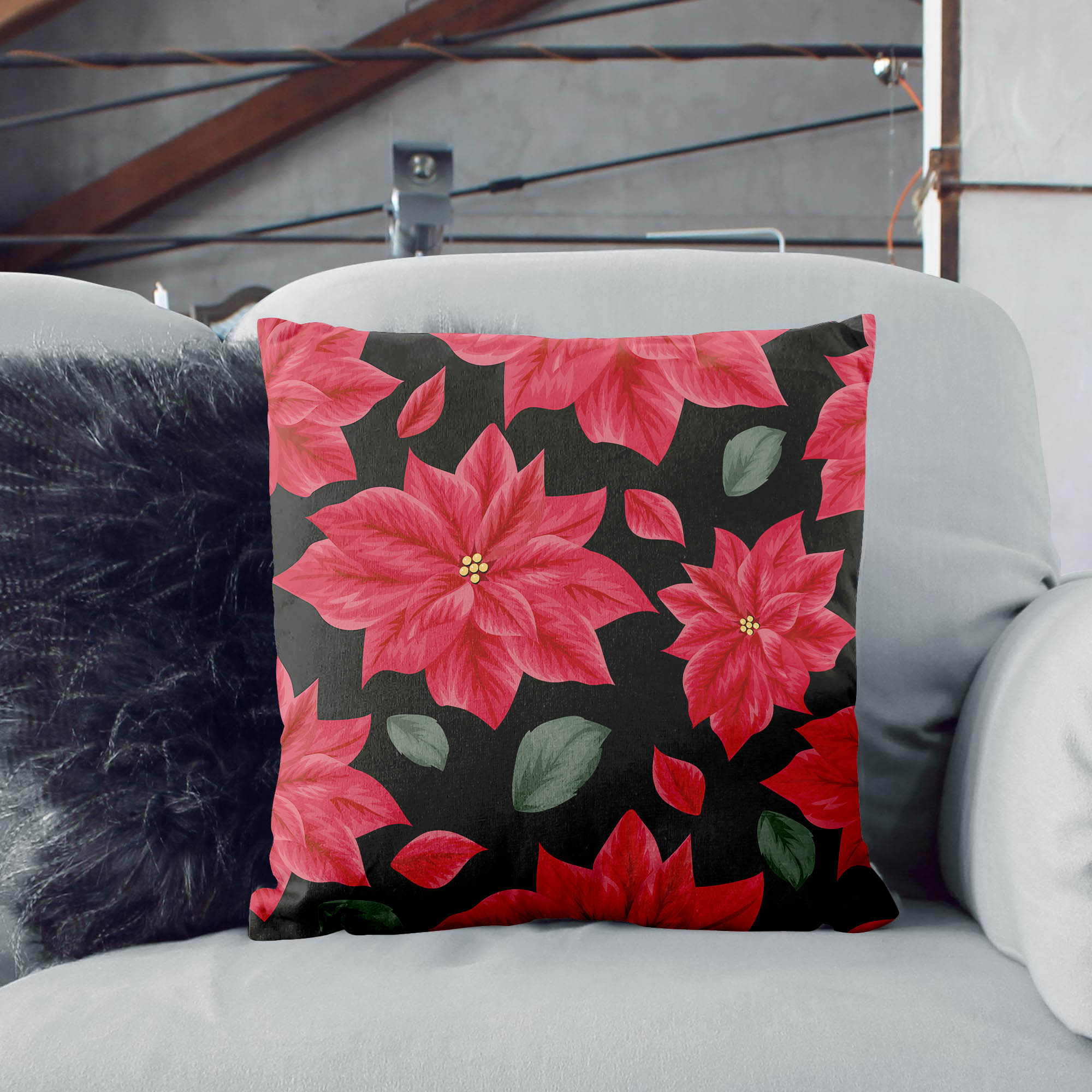December and Poinsettia Pillow