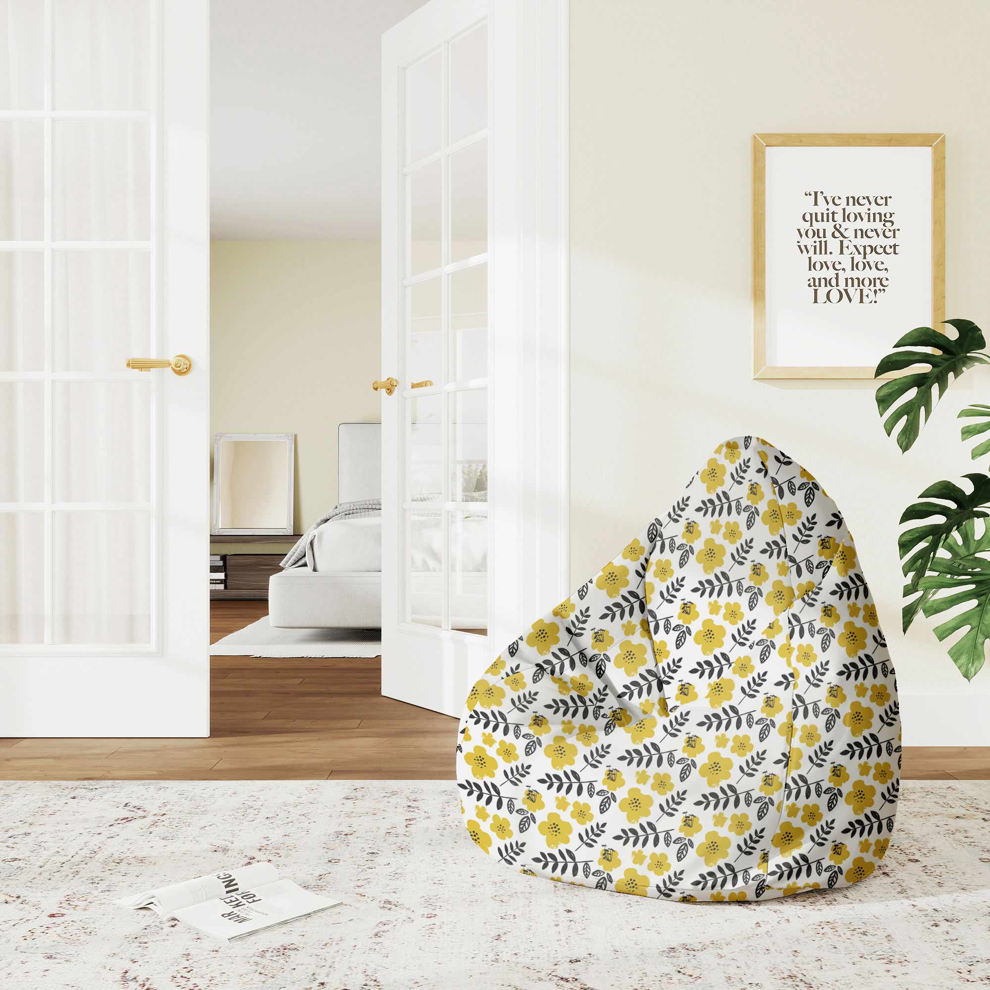Pear-shaped Pouf Painted with Yellow Flowers
