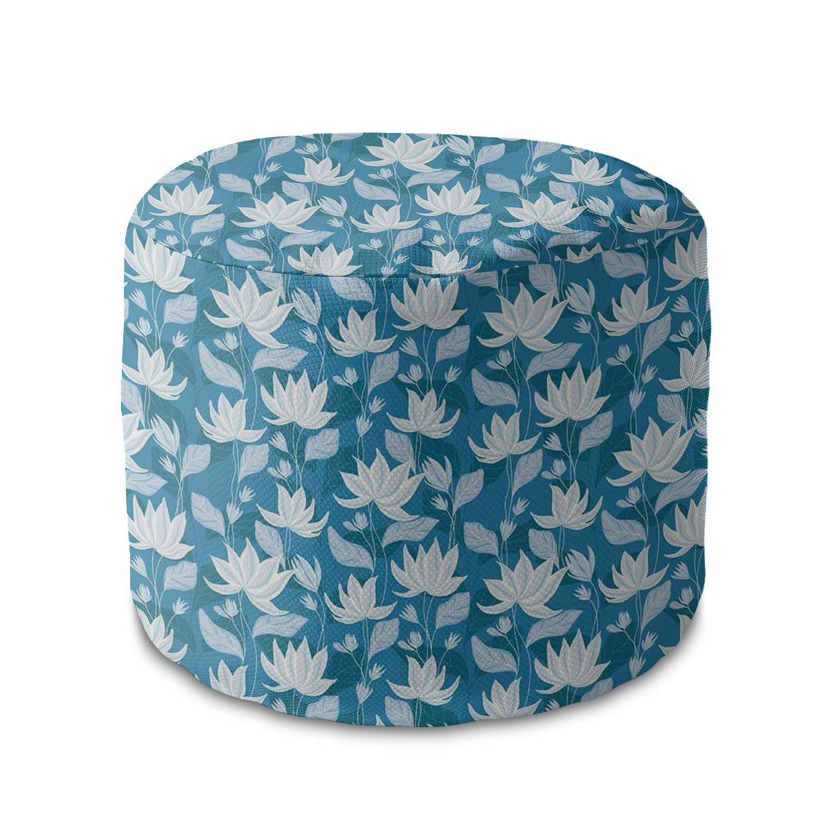 Round Pouf Footstool Blue Water Lily-Velvet