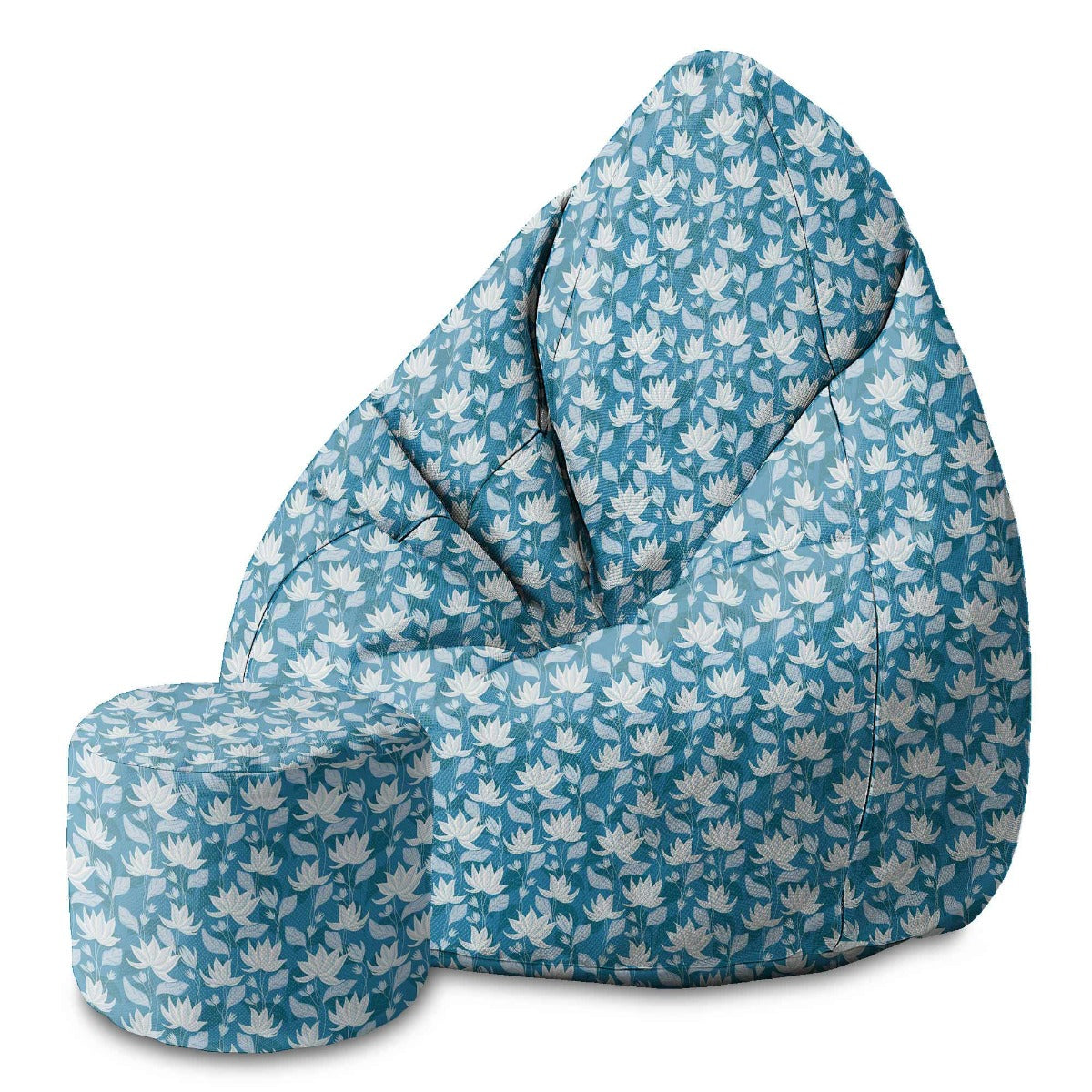 Round Pouf Footstool Blue Water Lily-Velvet