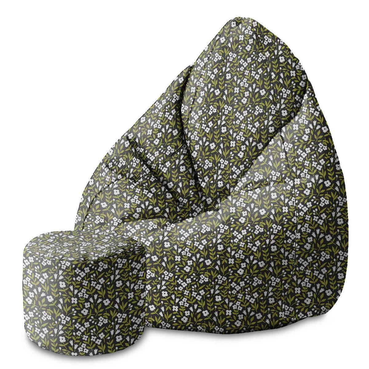 Round Pouf Footstool White Flower Meadow-Velvet