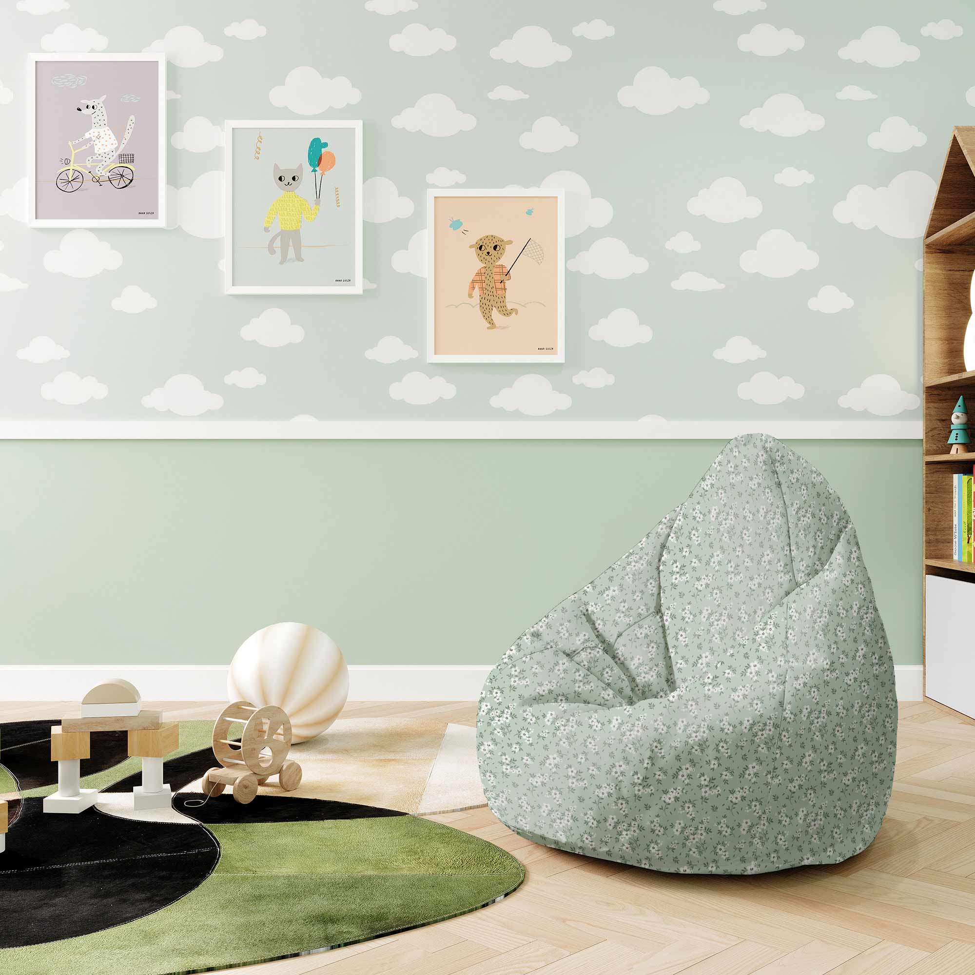 Sitzsack Birnenform Wiese mit kleinen weißen Blumen-S-Samt