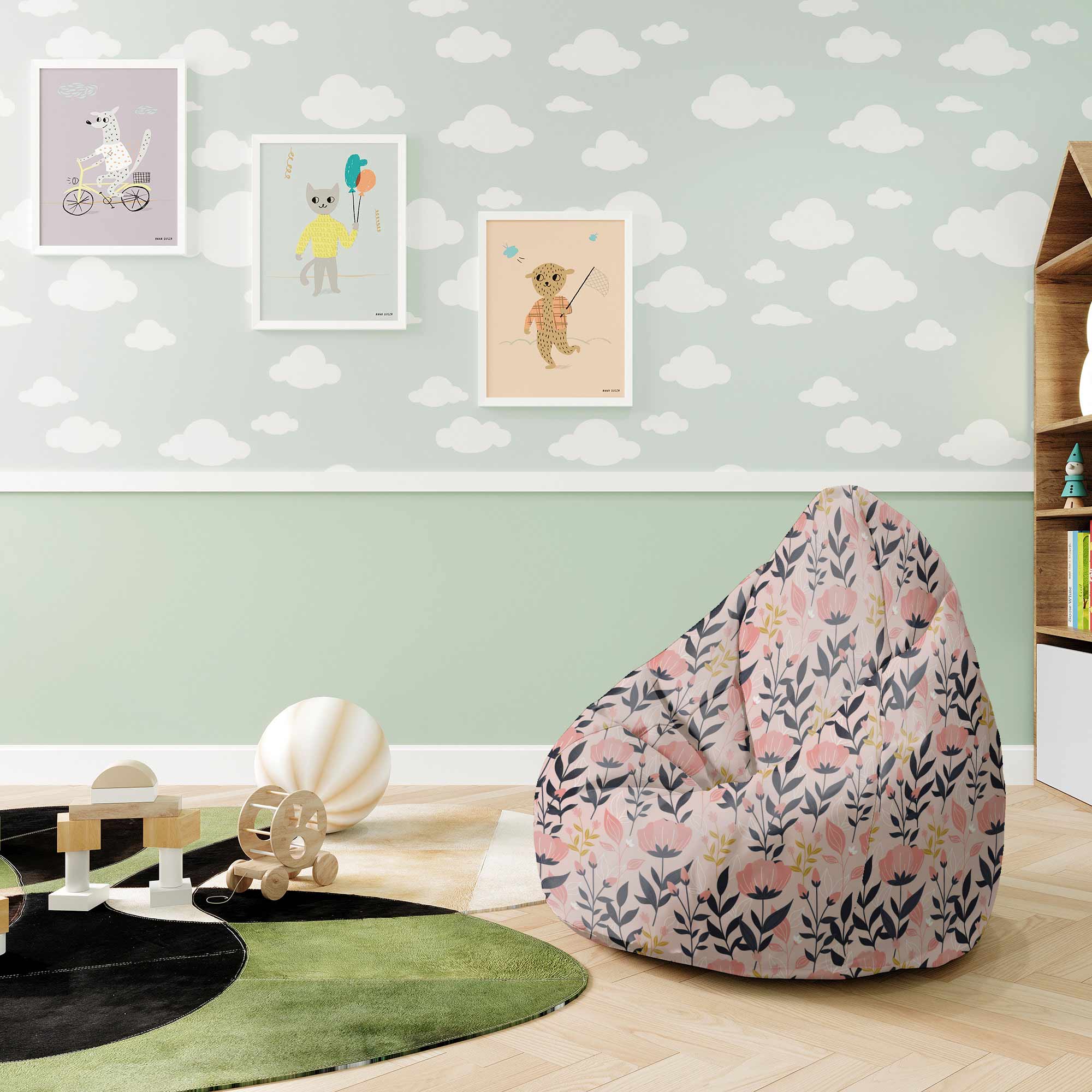 Pear-shaped Pouf Pink and Navy Flowers