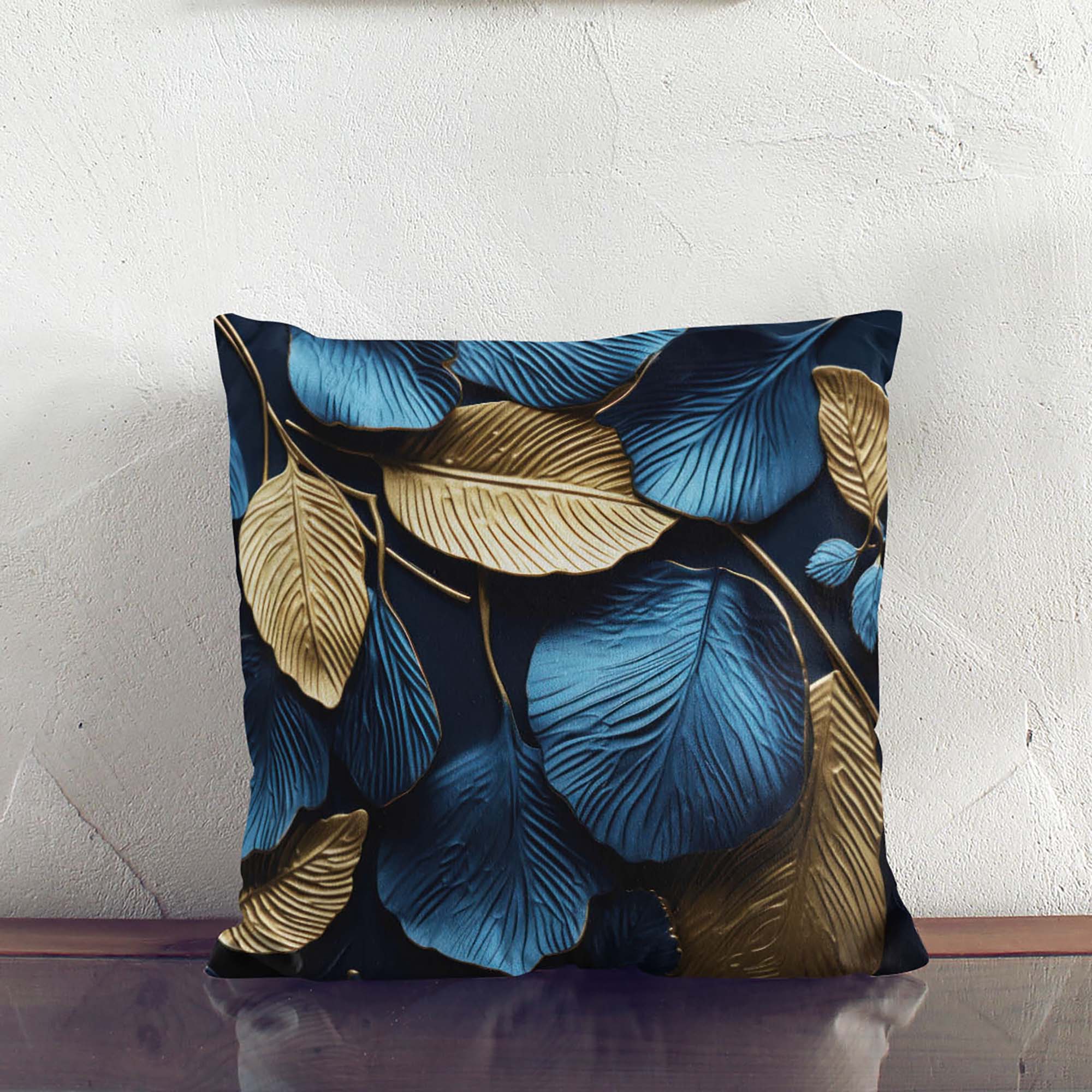 Gold and Blue Leaves Pillow-Panama