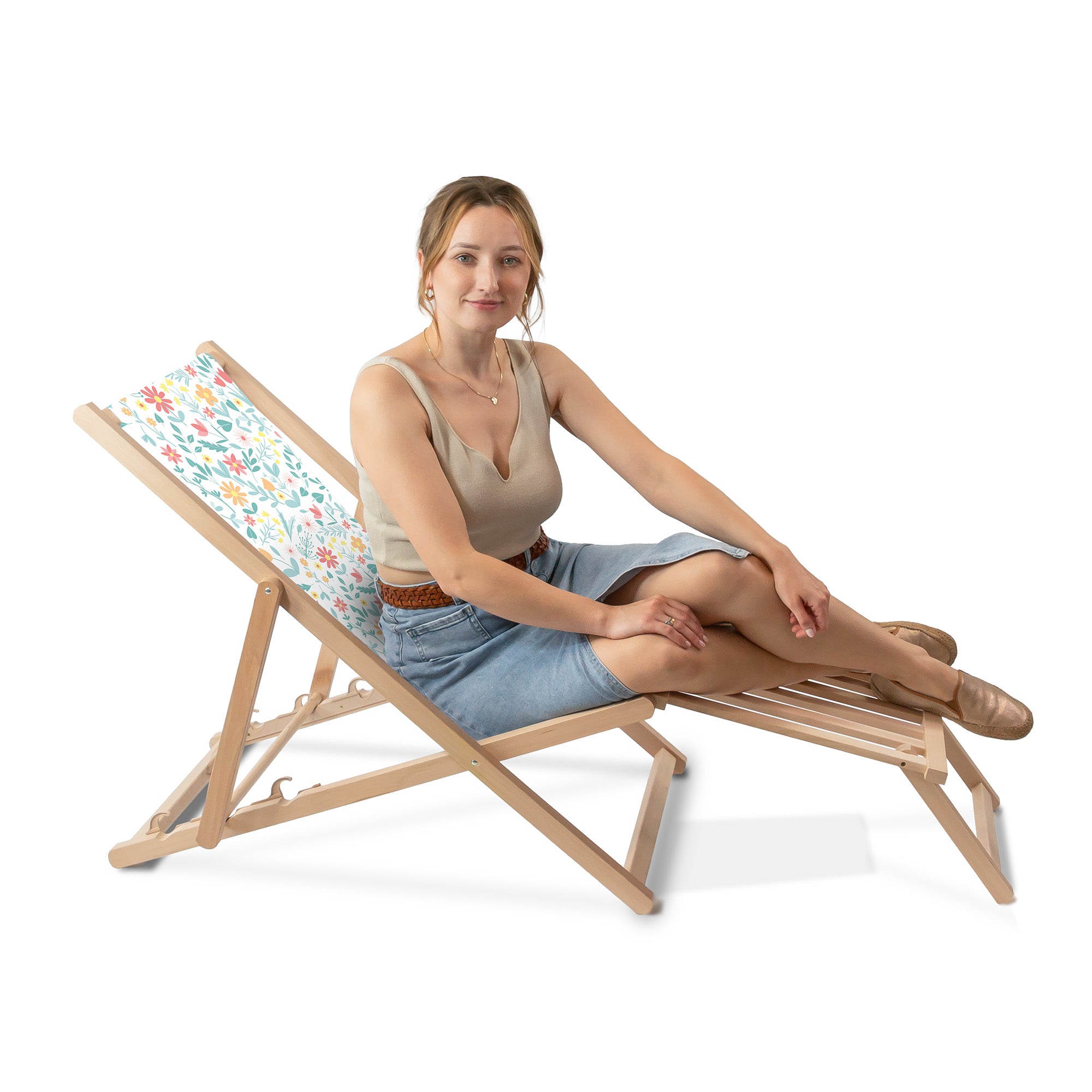 Wooden Deck Chair with Wooden Footrest Floral Adventure