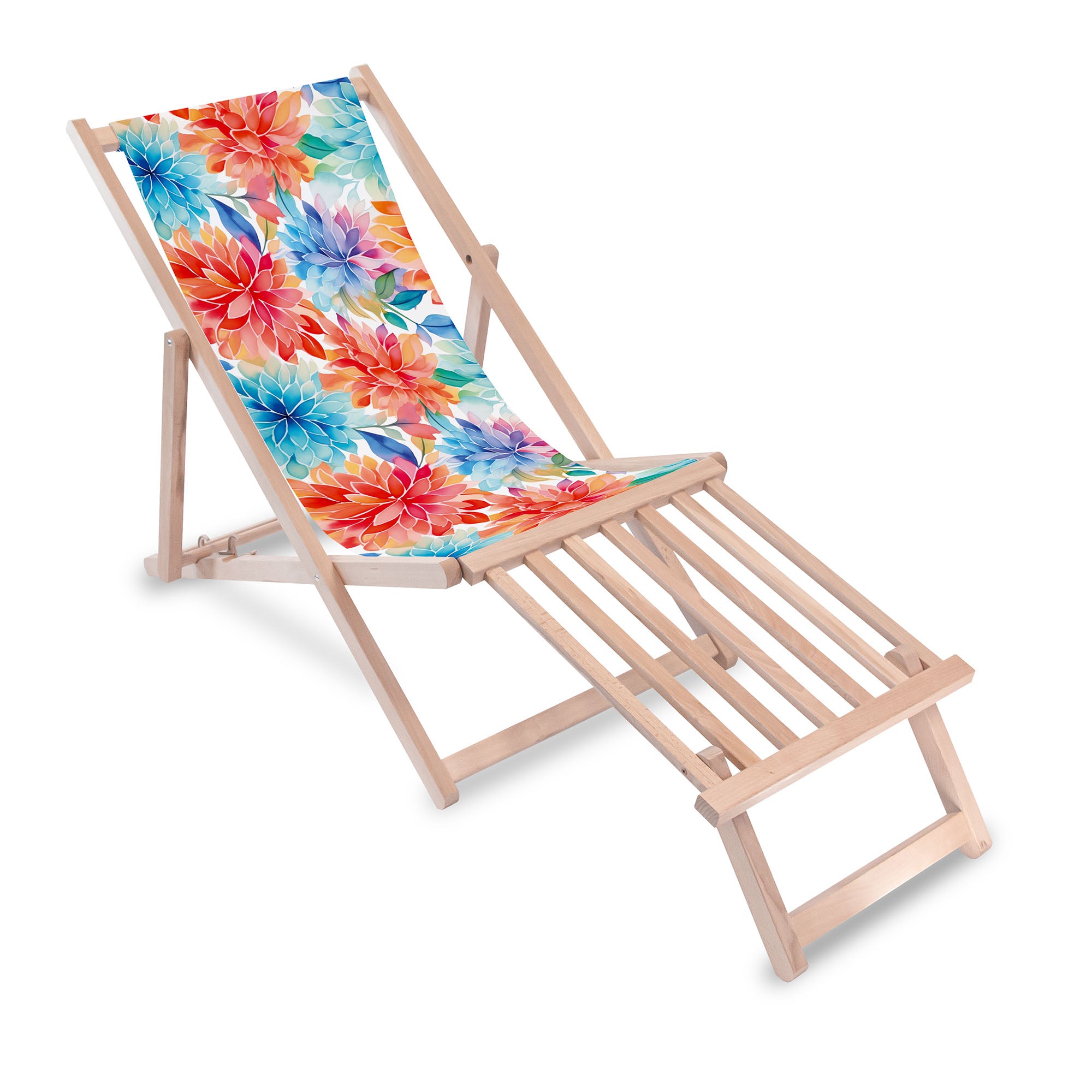 Wooden Deck Chair with Wooden Footrest Floral Background