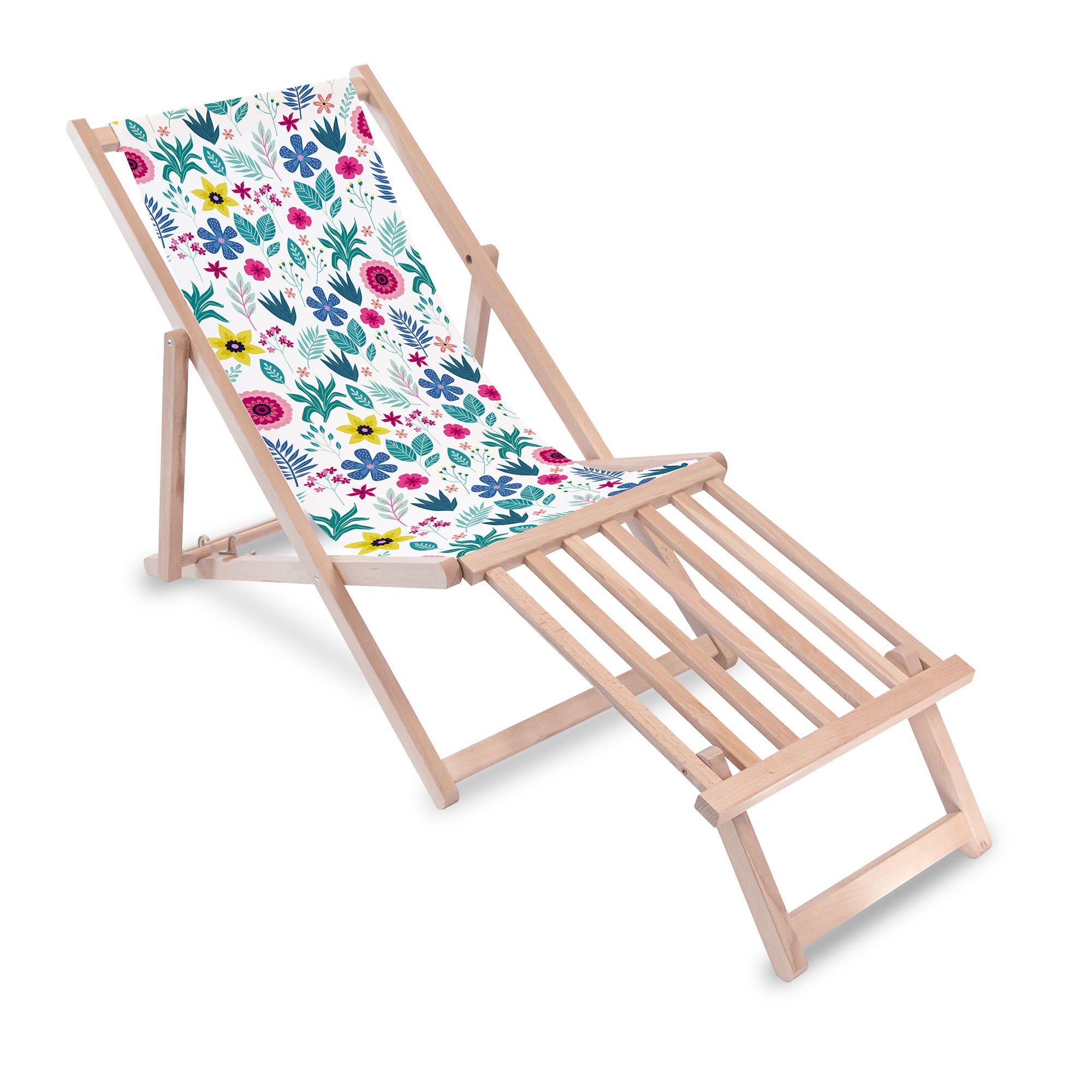 Wooden Deck Chair with Wooden Footrest Floral Elegance