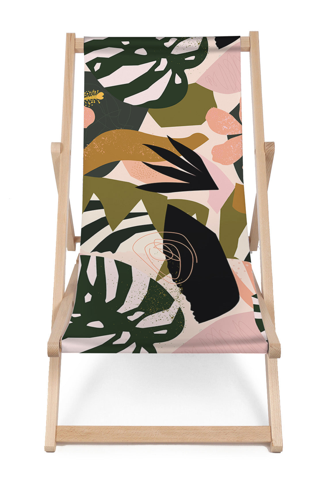 Wooden Deck Chair Green Exotic Plants and Geometrical Shapes