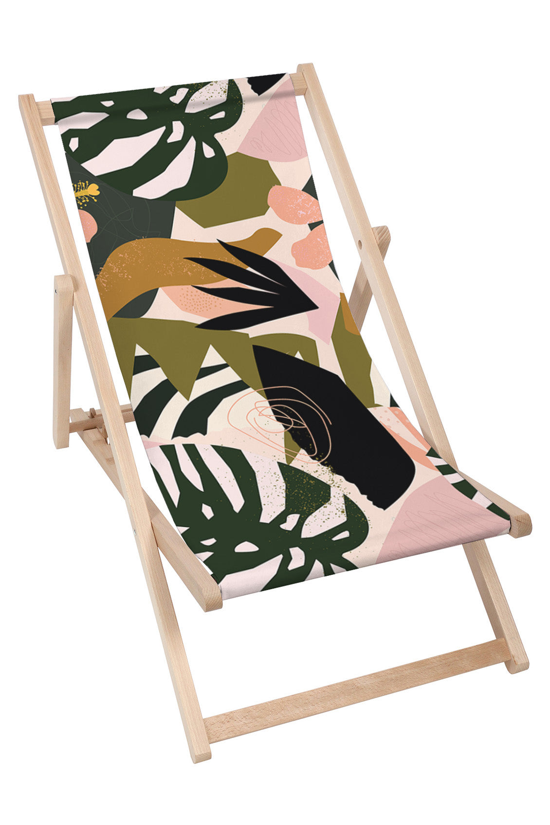 Wooden Deck Chair Green Exotic Plants and Geometrical Shapes