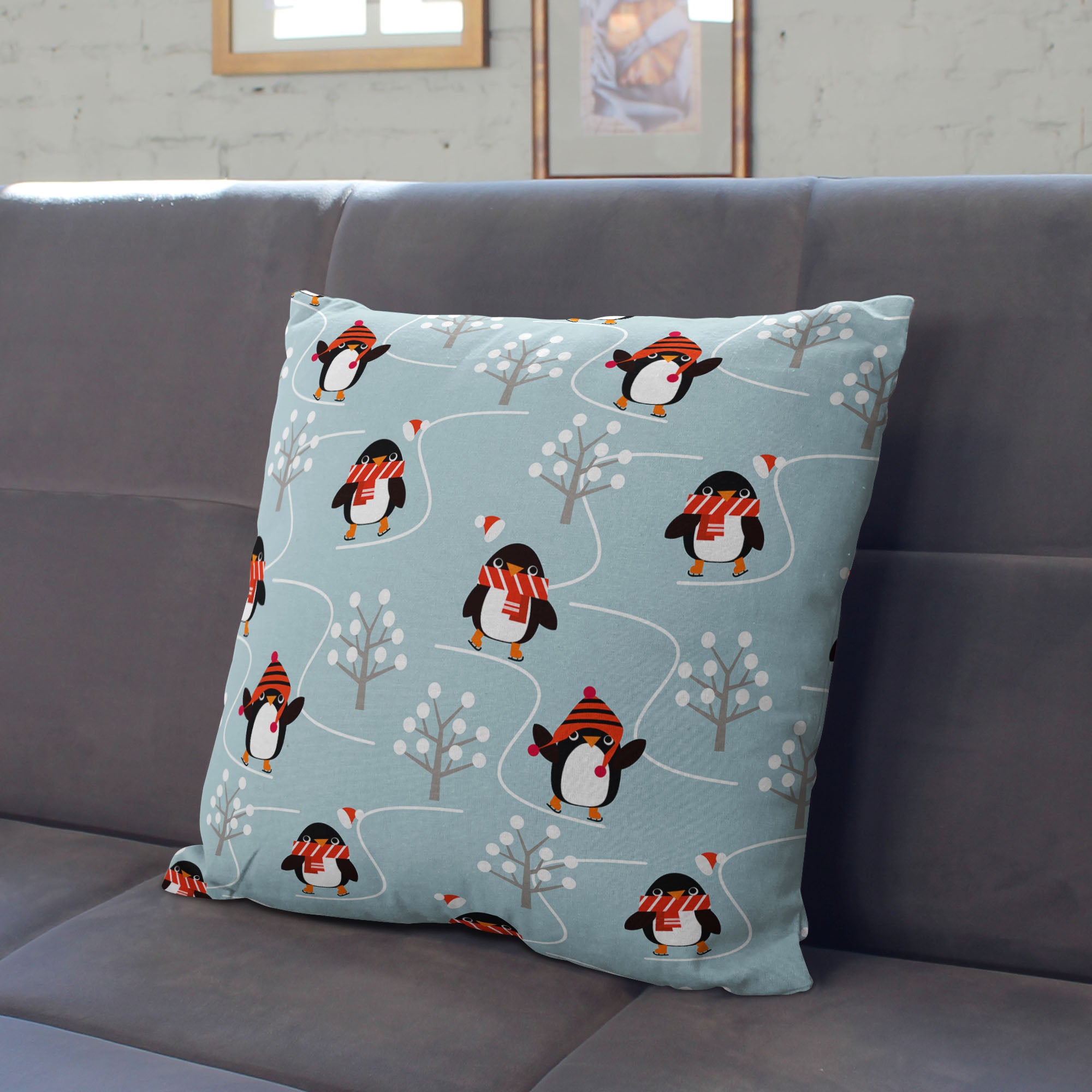 Pillow Happy Penguins with Scarves-Oxford