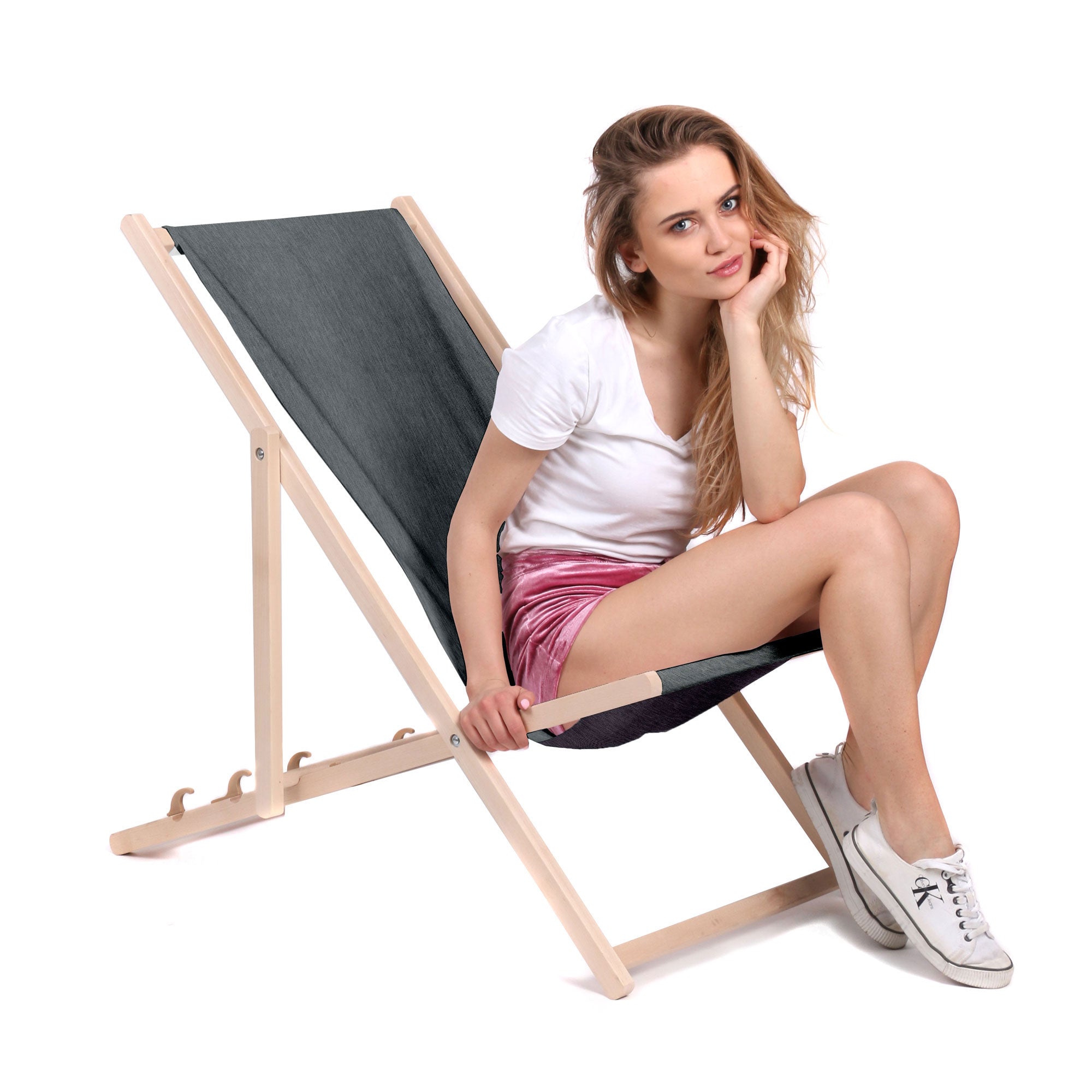 Denim Imitation Wooden Deck Chair Iron Slate-M