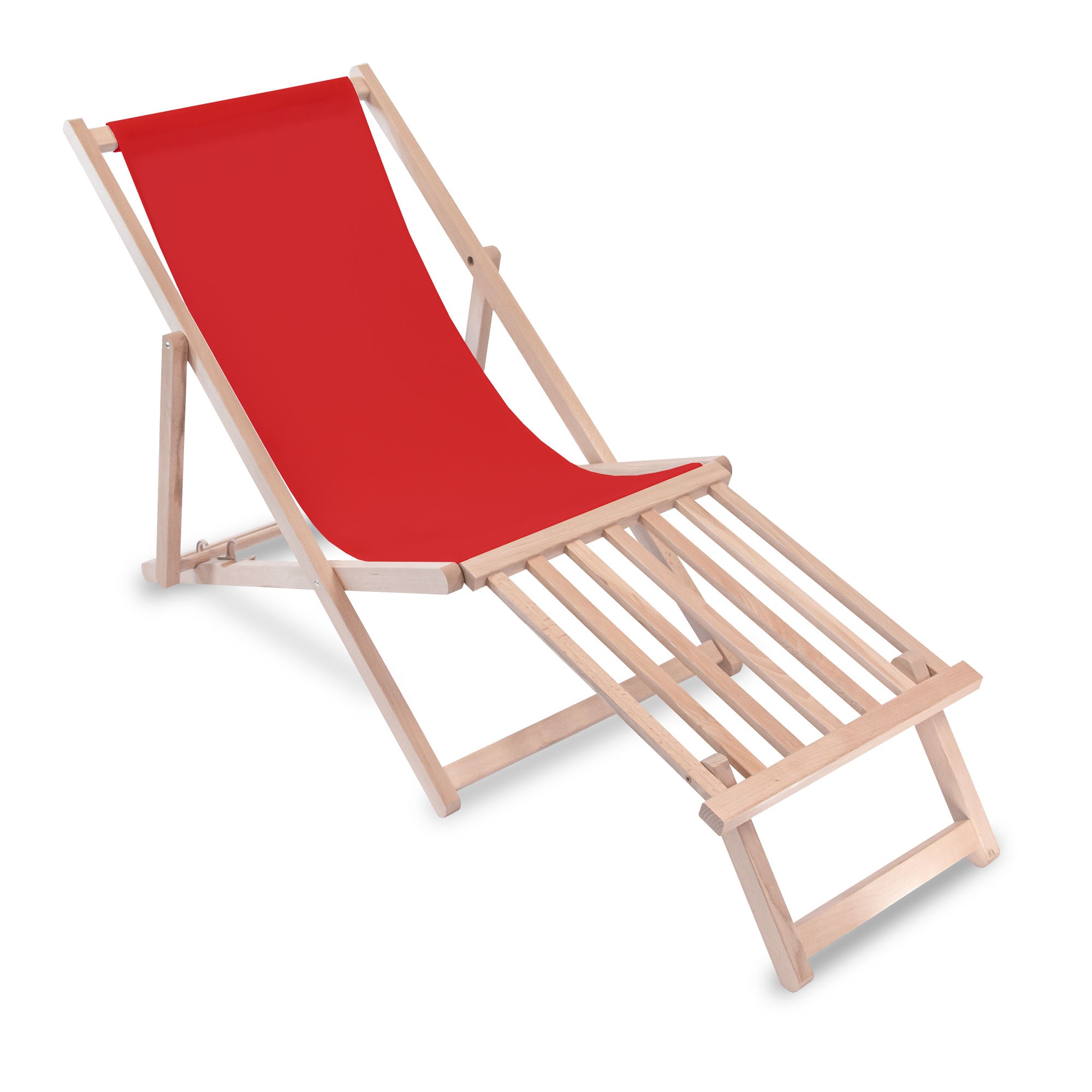 Wooden deck chair with wooden footrest Red
