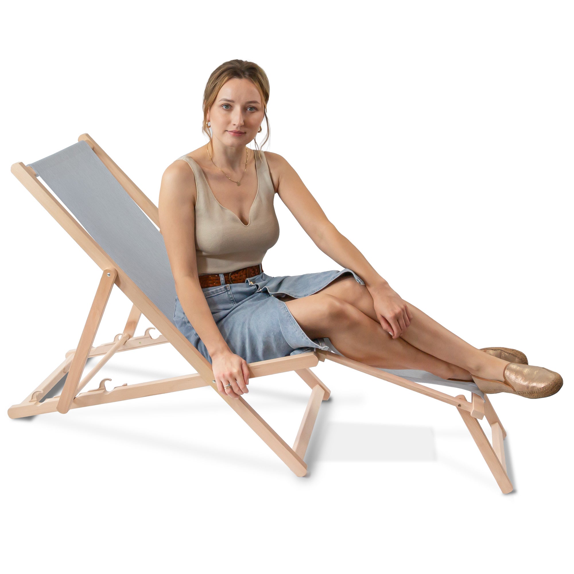Wooden Deck Chair with Footrest Denim Imitation Moonlight Veil