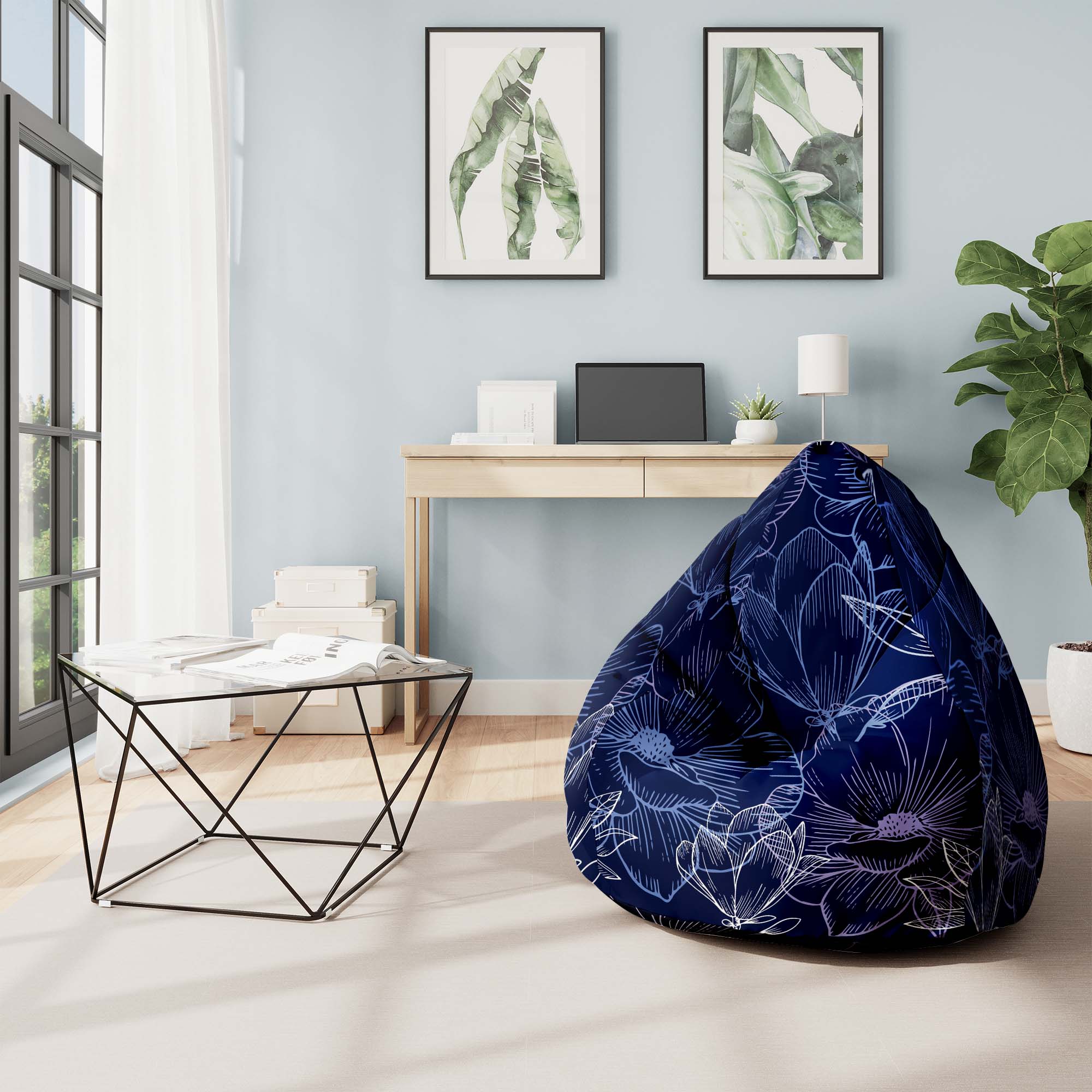 Pearshape Pouf Navy Flowers-Oxford