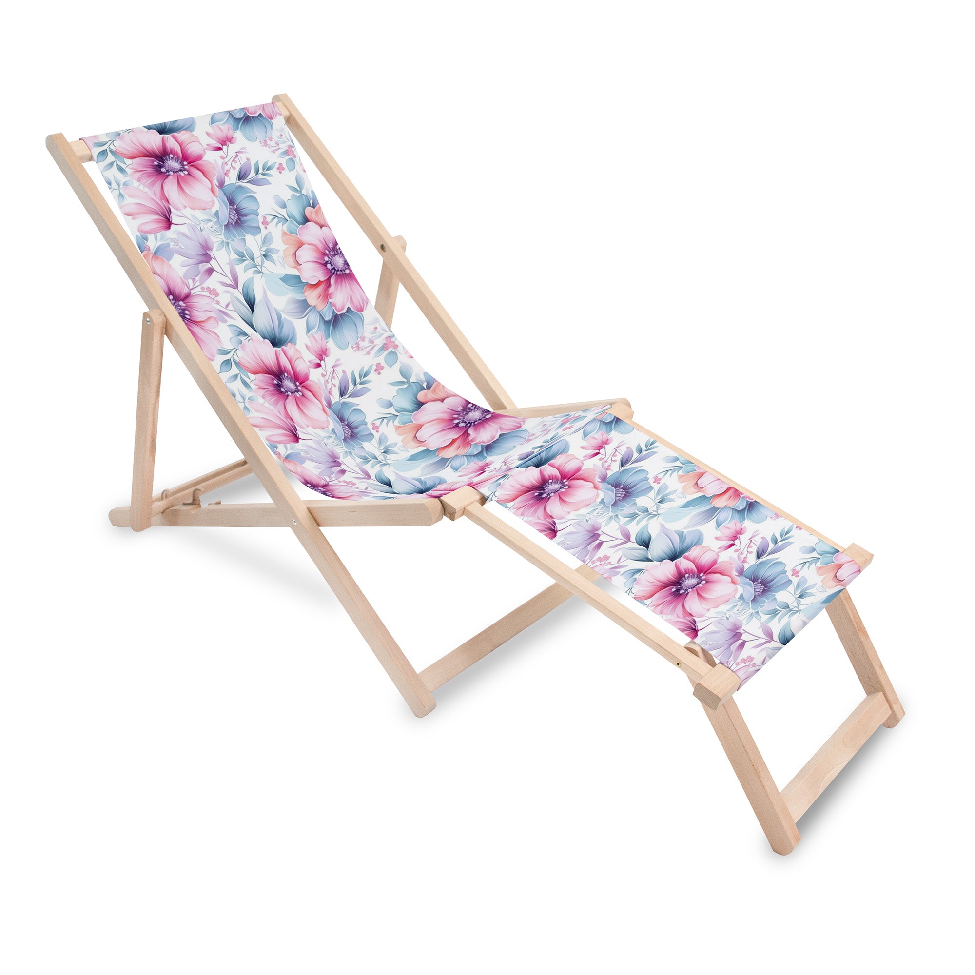 Wooden Deck Chair with Footrest Pastel Flowers