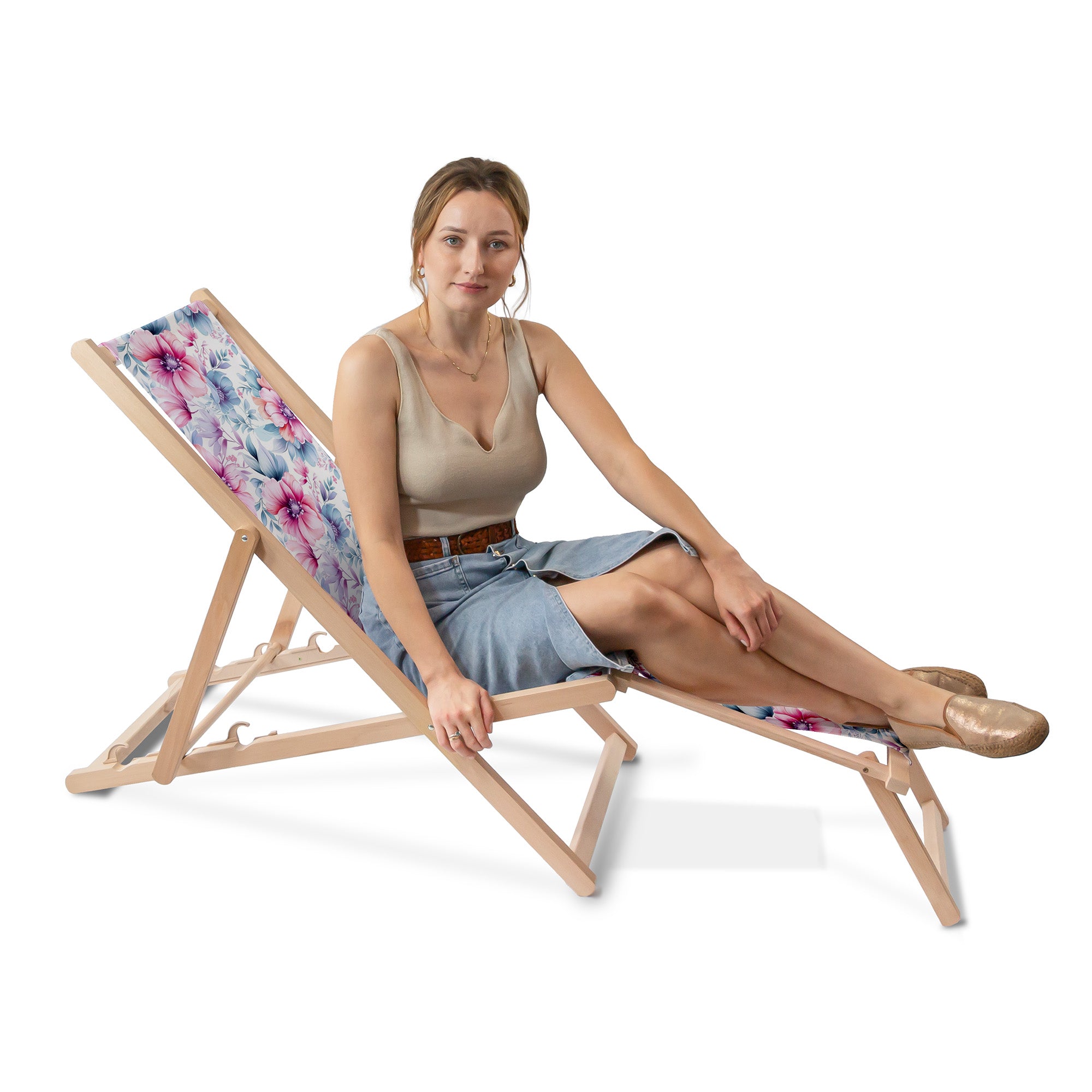 Wooden Deck Chair with Footrest Pastel Flowers