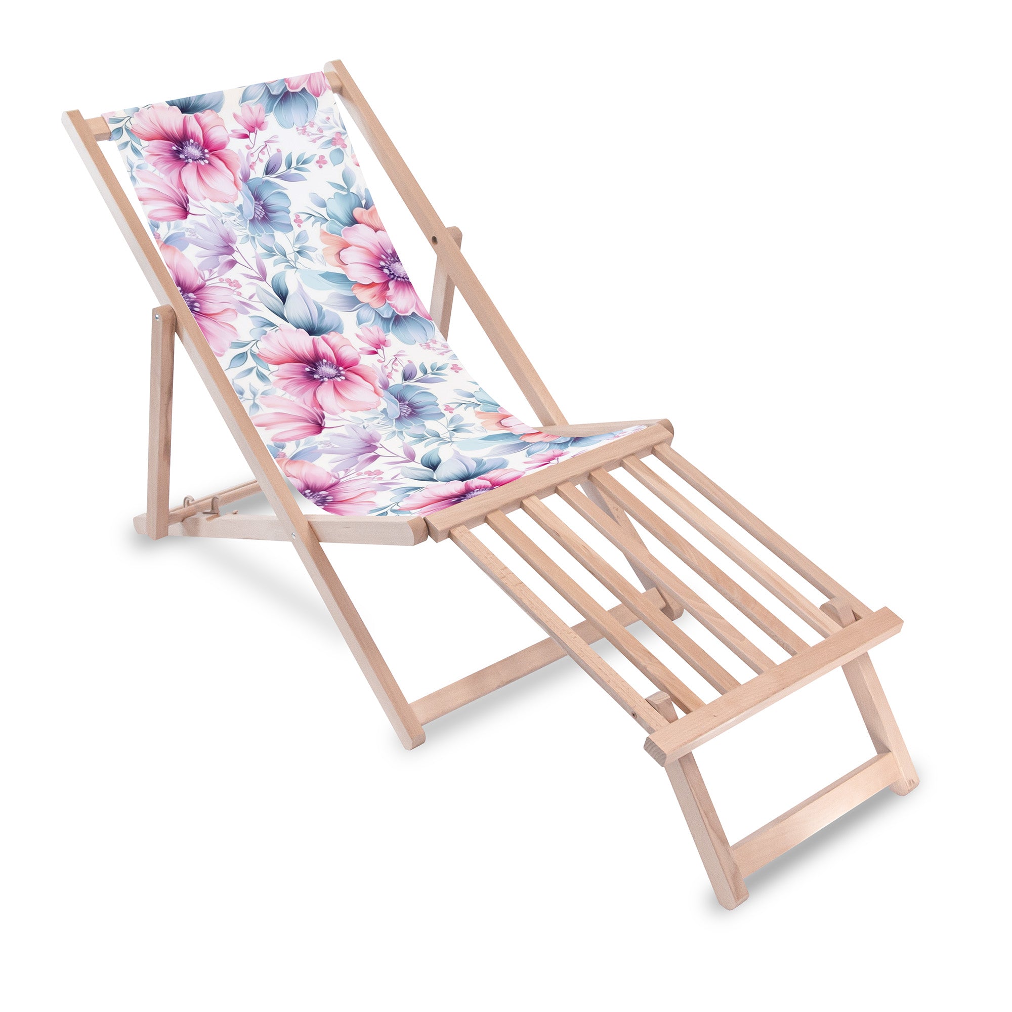 Wooden Deck Chair with Wooden Footrest Pastel Flowers