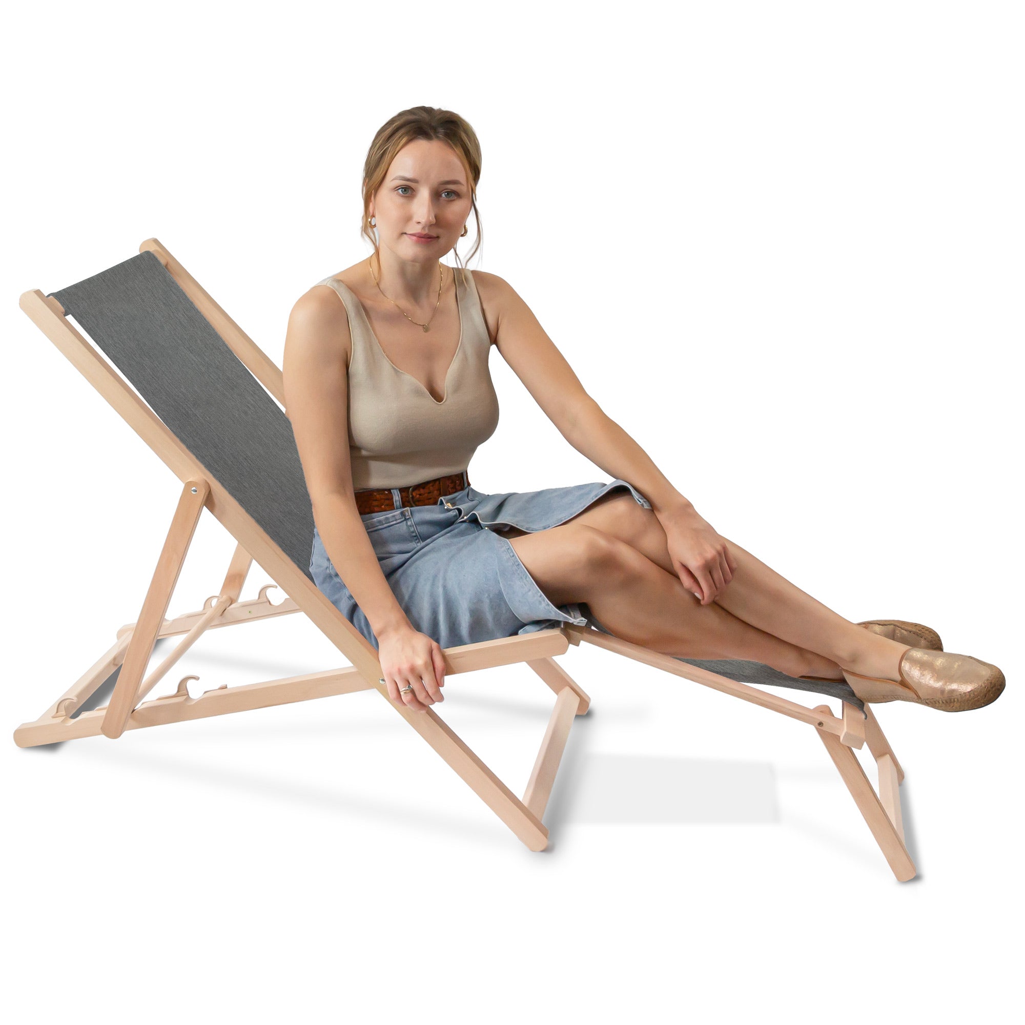 Wooden Deck Chair with Footrest Denim Imitation Sandy Dune