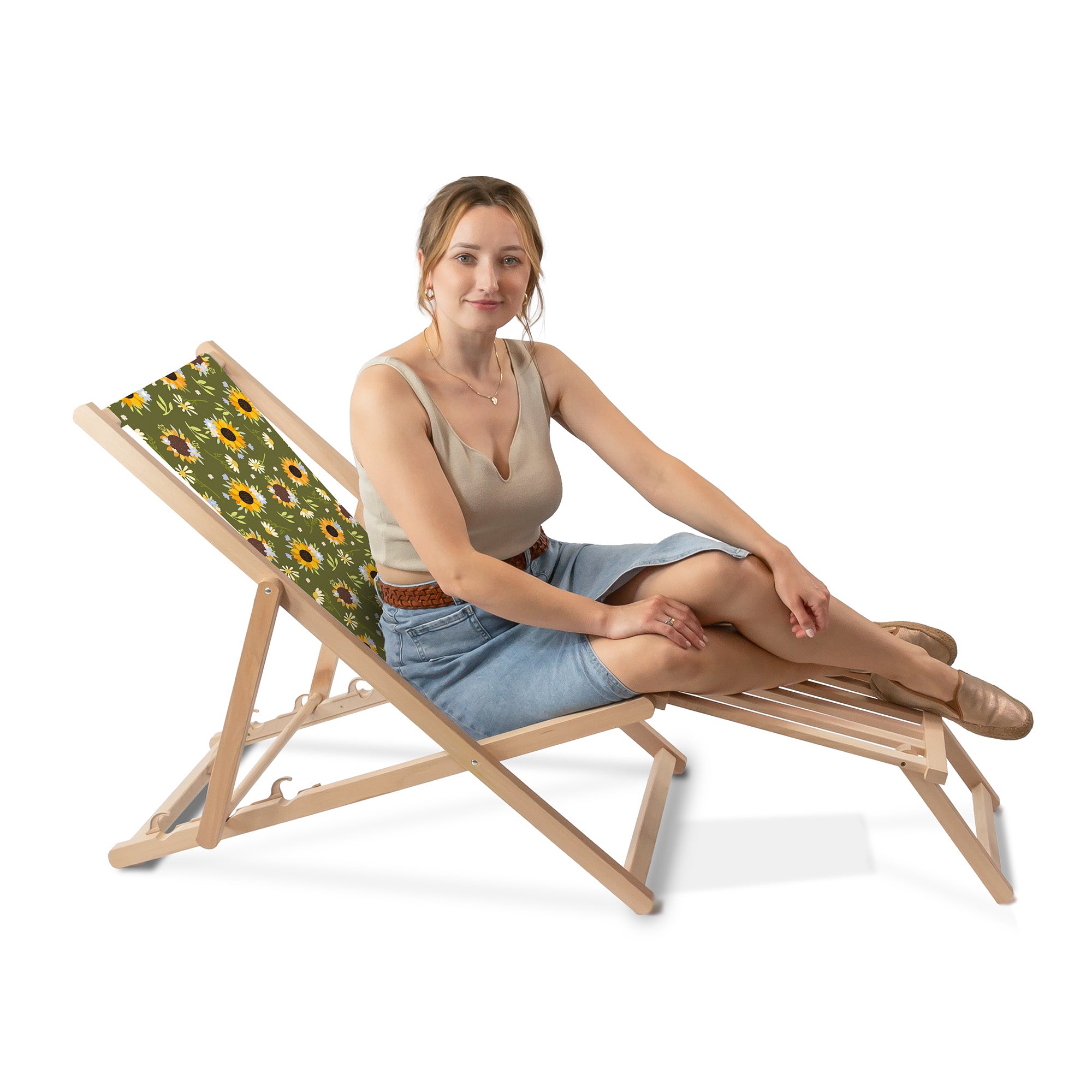 Wooden Deck Chair with Wooden Footrest Sunflowers
