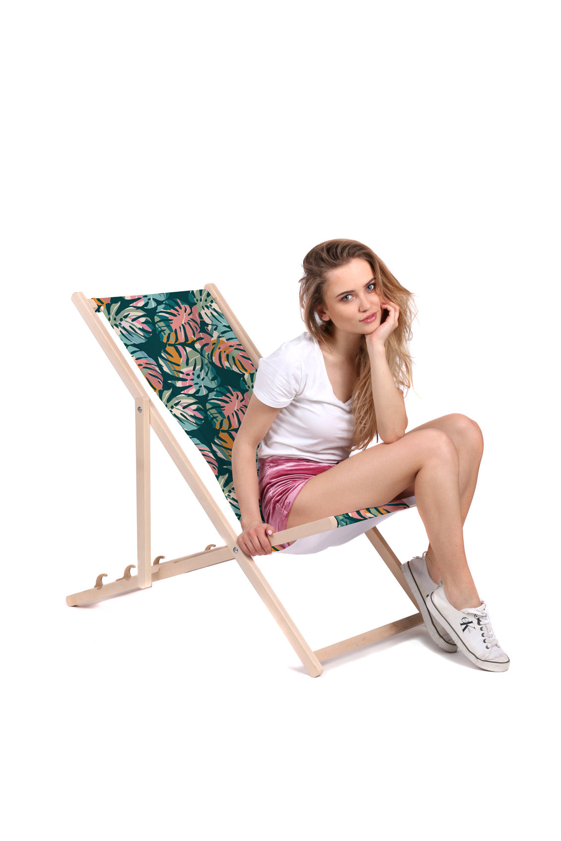 Wooden Deck Chair Tropical Abstract Leaves