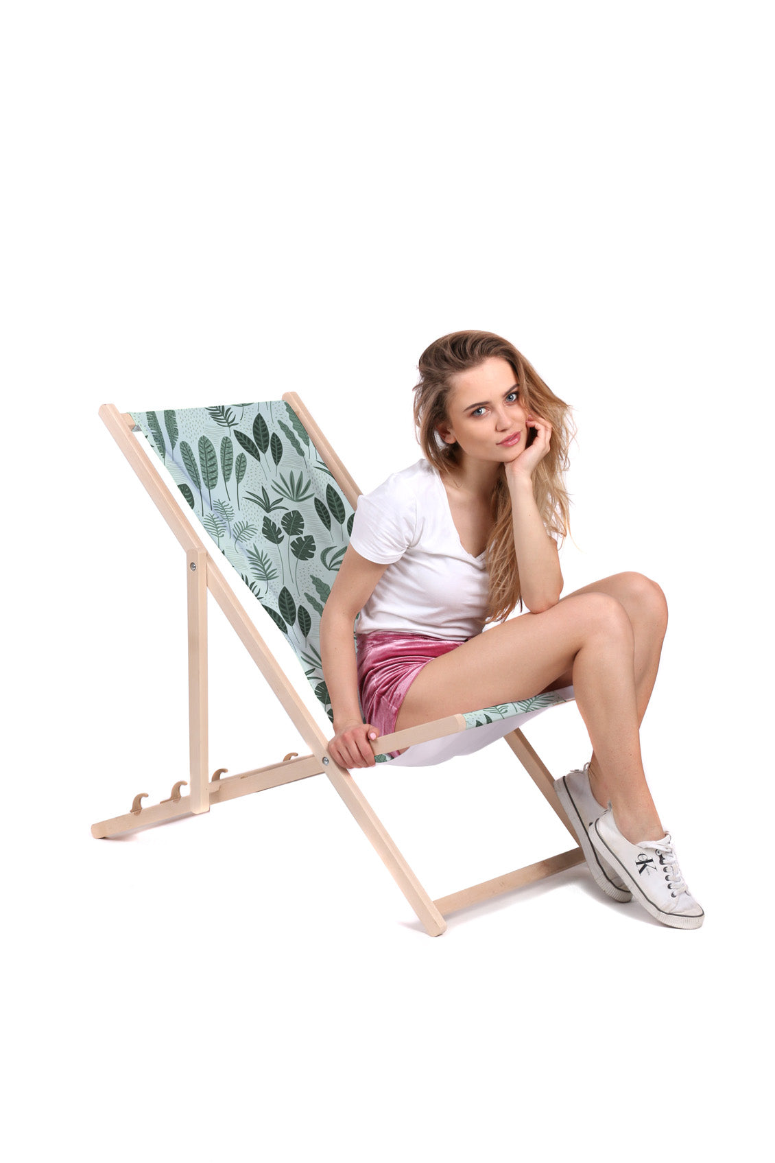 Wooden Deck Chair Tropical Green Leaves