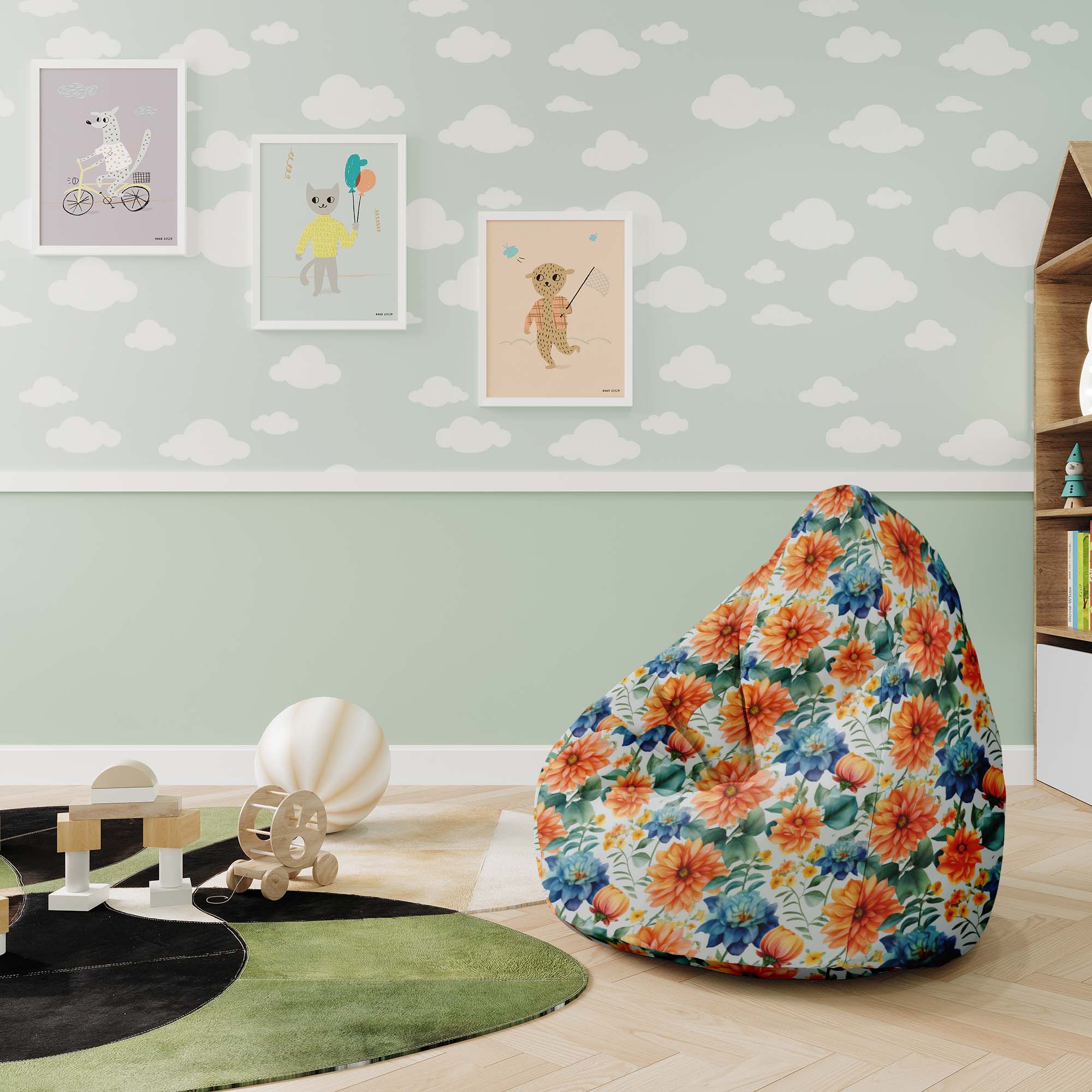 Pearshape Pouf Watercolor Flower Leaves-M-Oxford