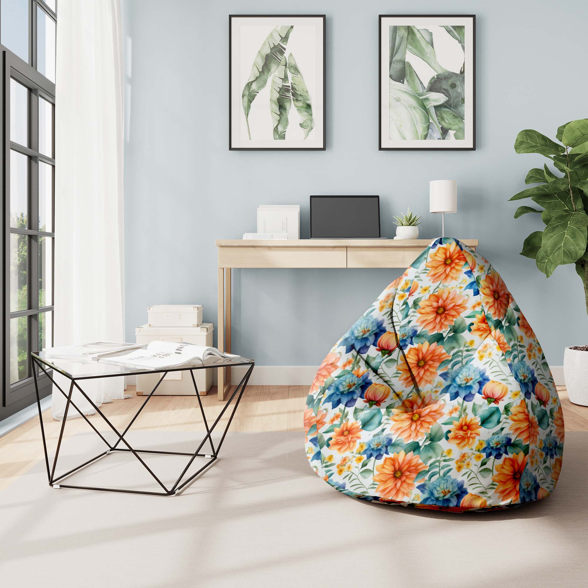 Pearshape Pouf Watercolor Flower Leaves-S-Velvet