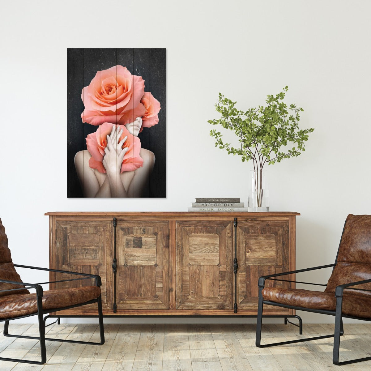 Obraz Wood Žena objímajúca kvety-70x90 cm