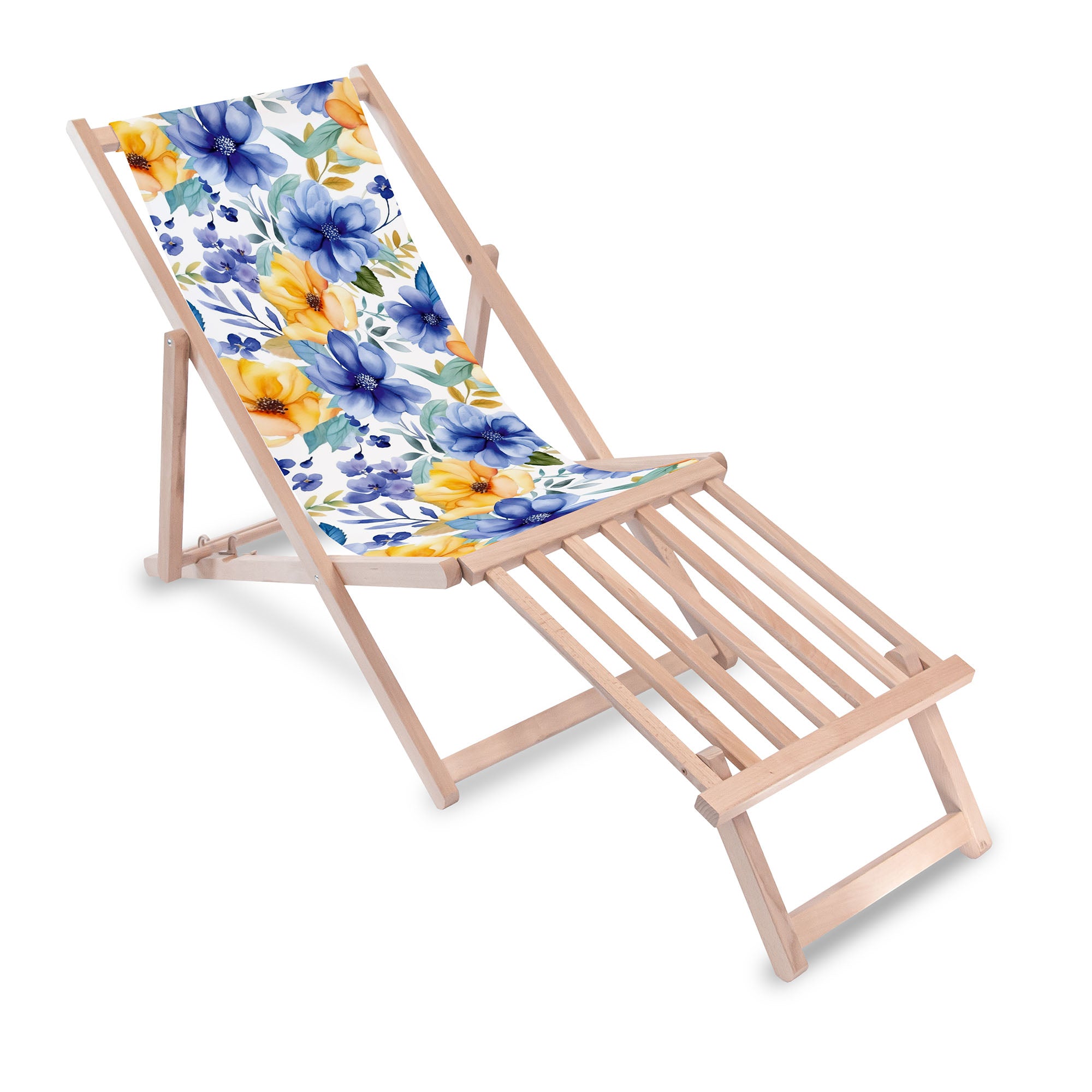Wooden Deck Chair with Wooden Footrest Yellow and Blue