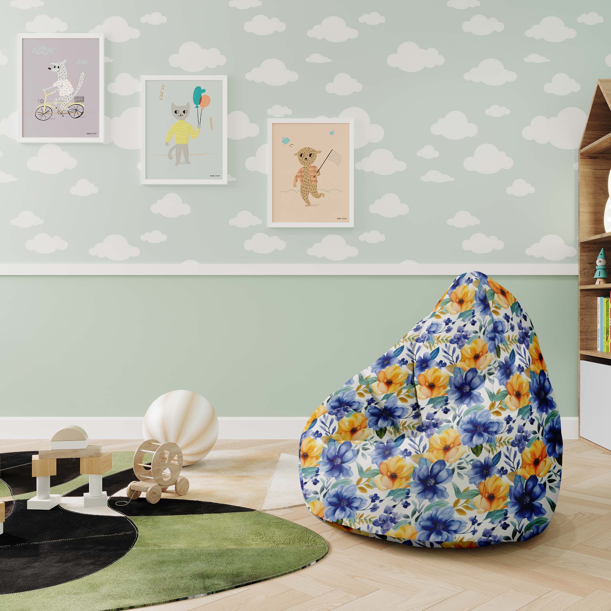 Puf Birnenform Gelb und blaue Blumen-S-Oxford