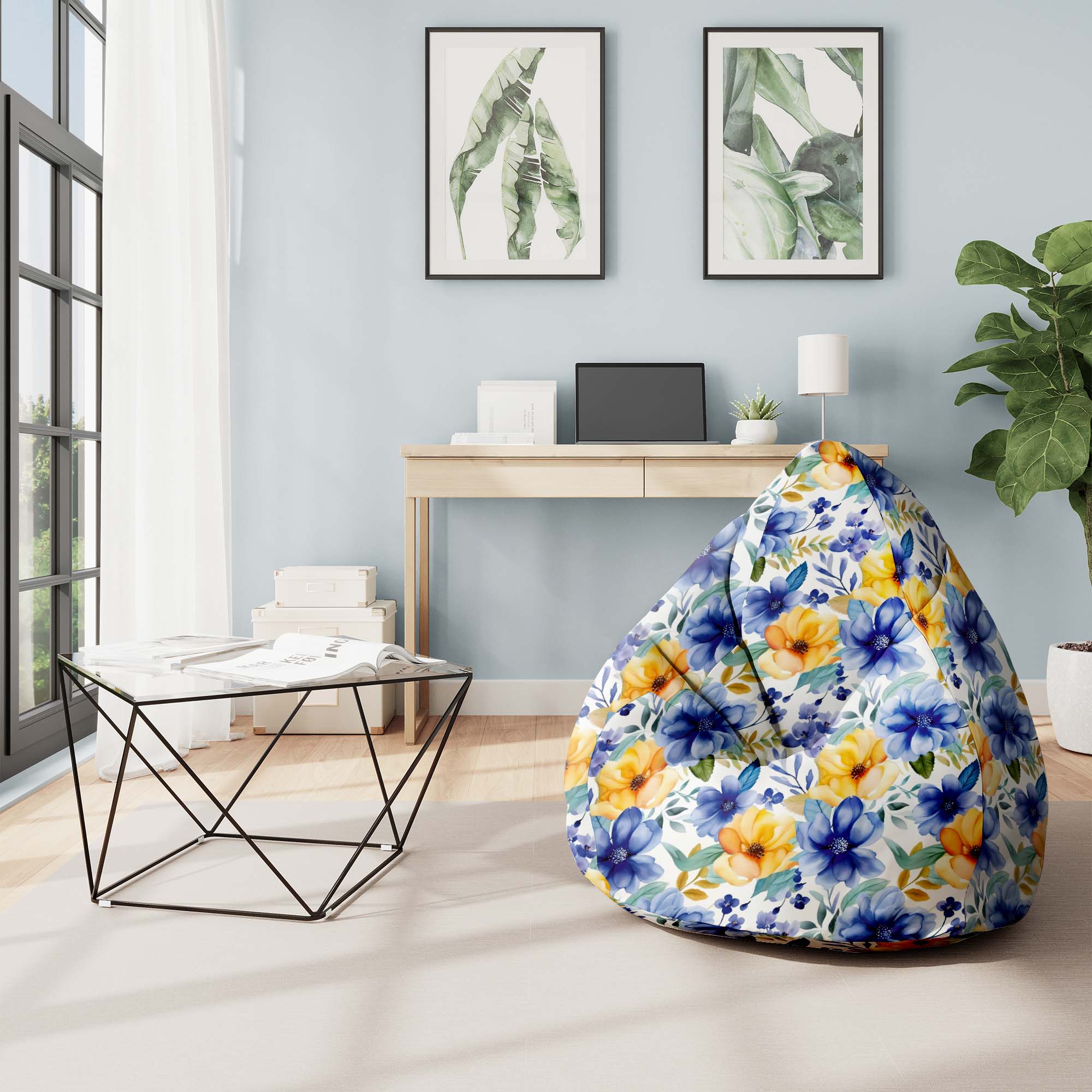 Puf Birnenform Gelb und blaue Blumen-S-Oxford